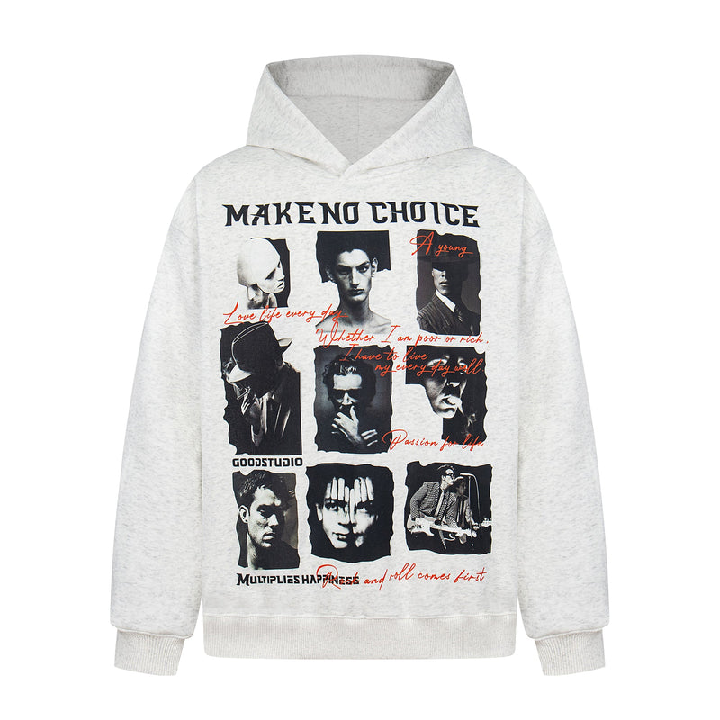 White hoodie front view with black collage graphic and red script text on the chest