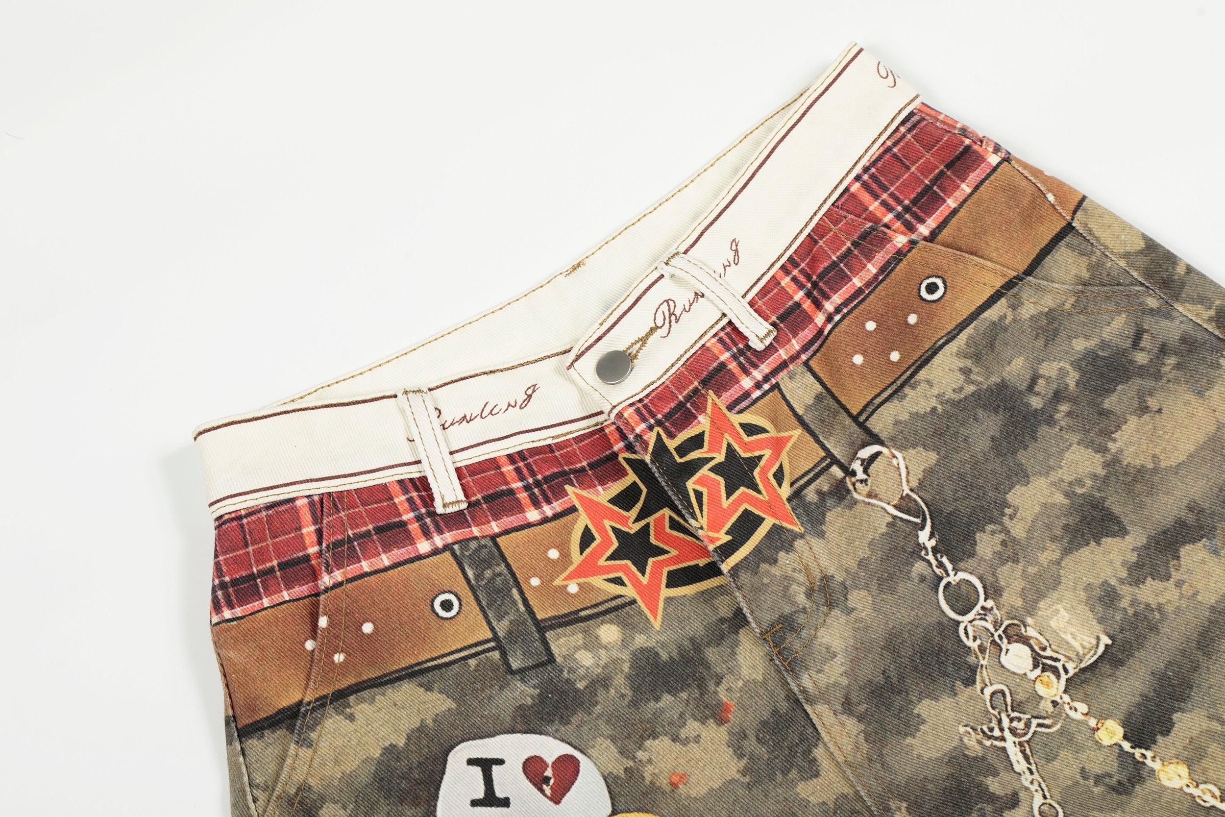 Camo Patchwork Wide-Leg Denim Pants with Chain Detail