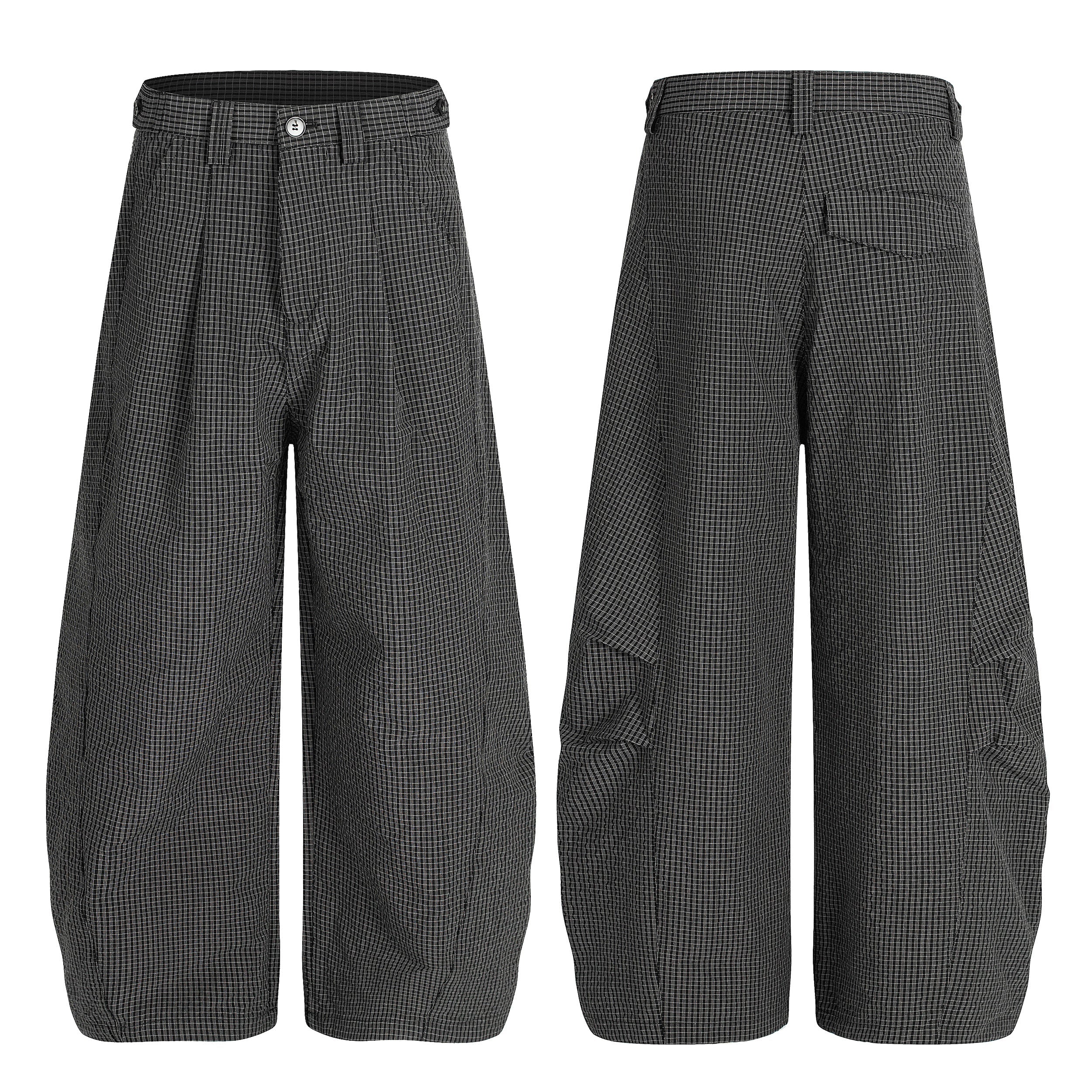 Front and back view of dark charcoal micro-check wide curved-leg trousers with pleated front and single button closure