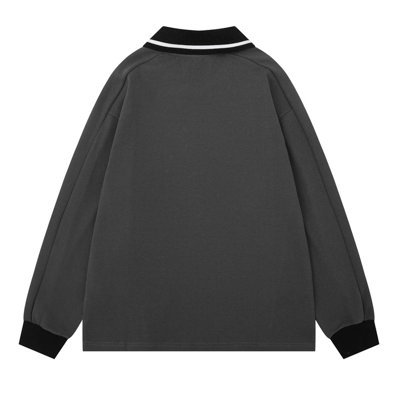 Dark gray polo sweatshirt back view with black collar and white stripe detail