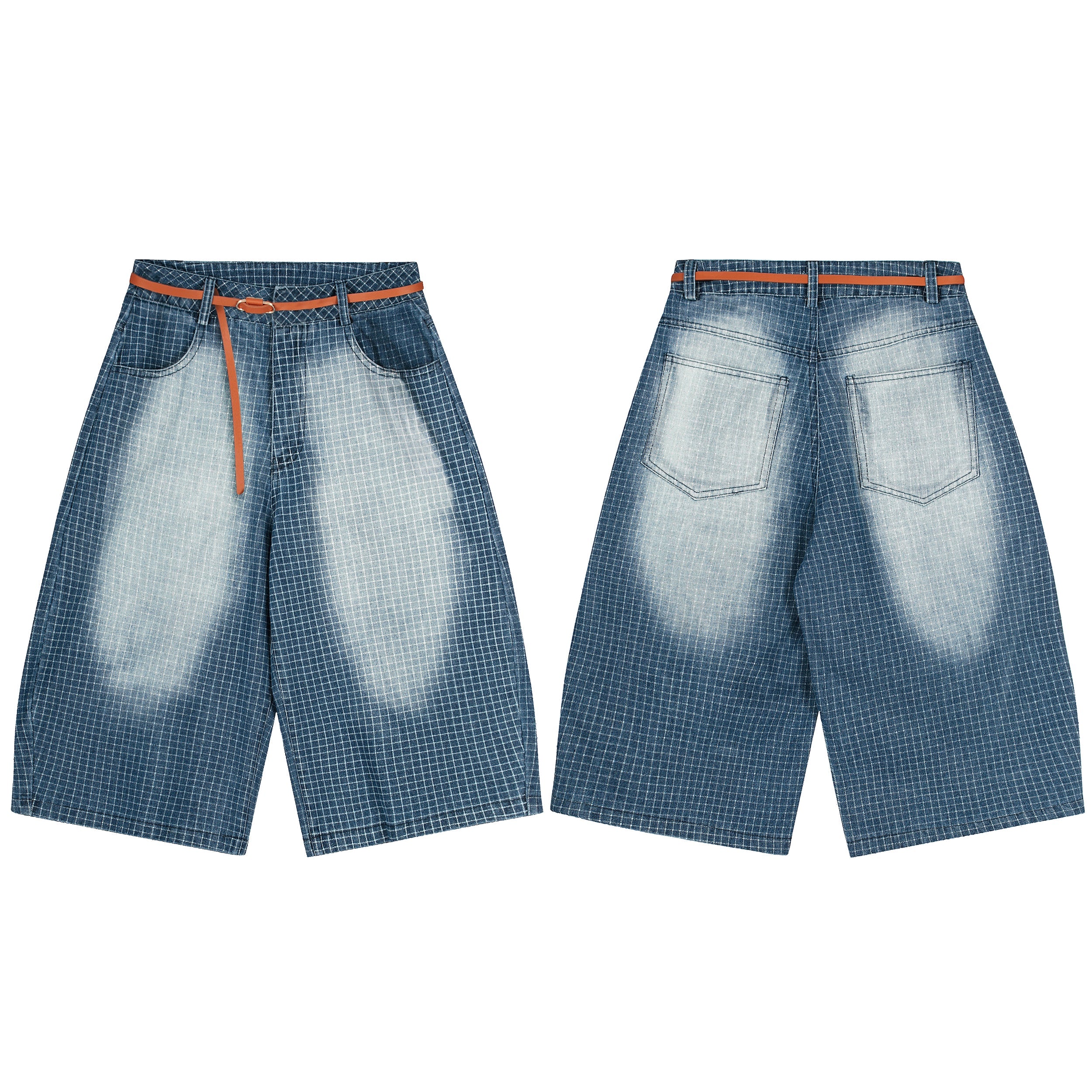 Front and back view of wide-leg washed grid denim shorts with orange contrast belt on white background