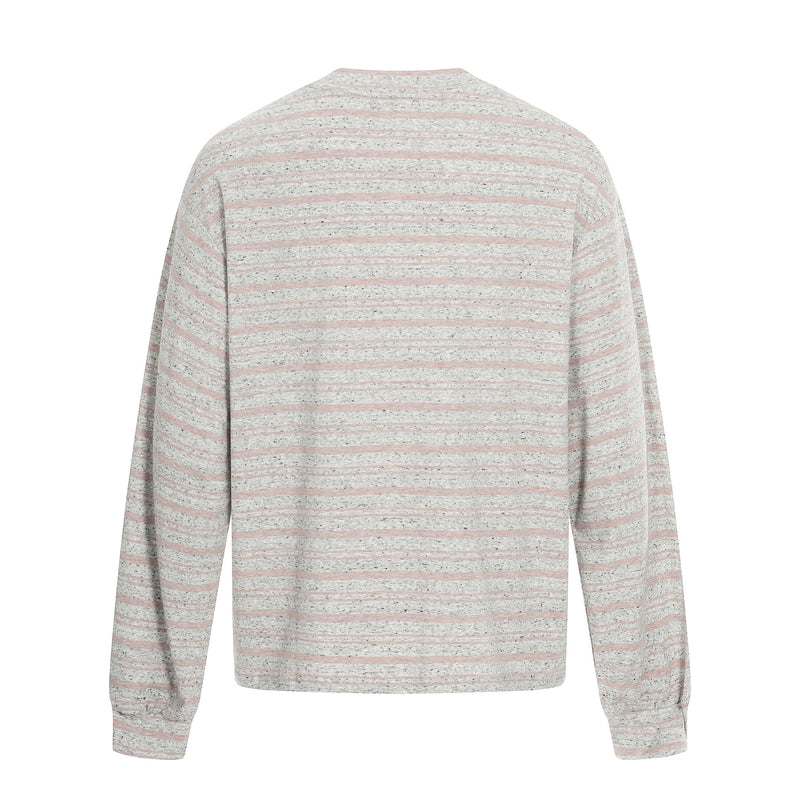 Back view of gray striped long sleeve crewneck tee with pink heathered horizontal stripes