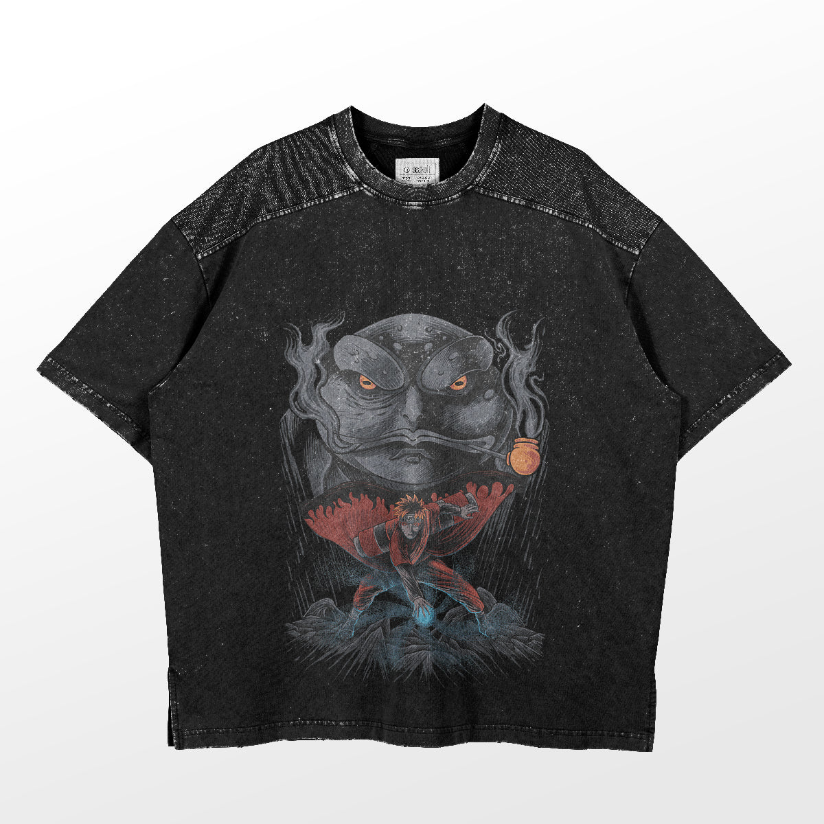 The Naruto and Gamabunta T-Shirt by Naruto is a dynamic black tee featuring a fierce face in the sky with smoke, while below, a warrior leaps with a weapon amidst vibrant red and blue hues, embodying premium anime apparel.