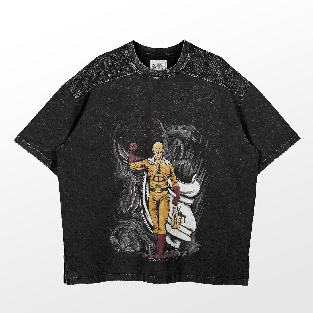 The One Punch Man Saitama Heroic Pose Graphic T-Shirt from the Anime Action Apparel line features Saitama in a vivid yellow suit and red gloves, raising his right arm against a dynamic backdrop, with Japanese text embellishing the bottom.