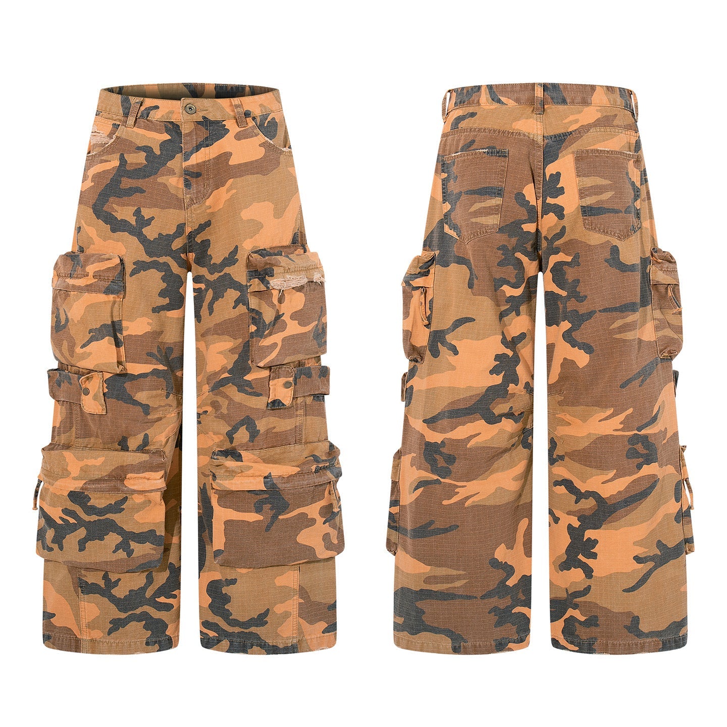 Front and back view of wide-leg desert camo multi-pocket cargo pants with layered flap pockets on both legs