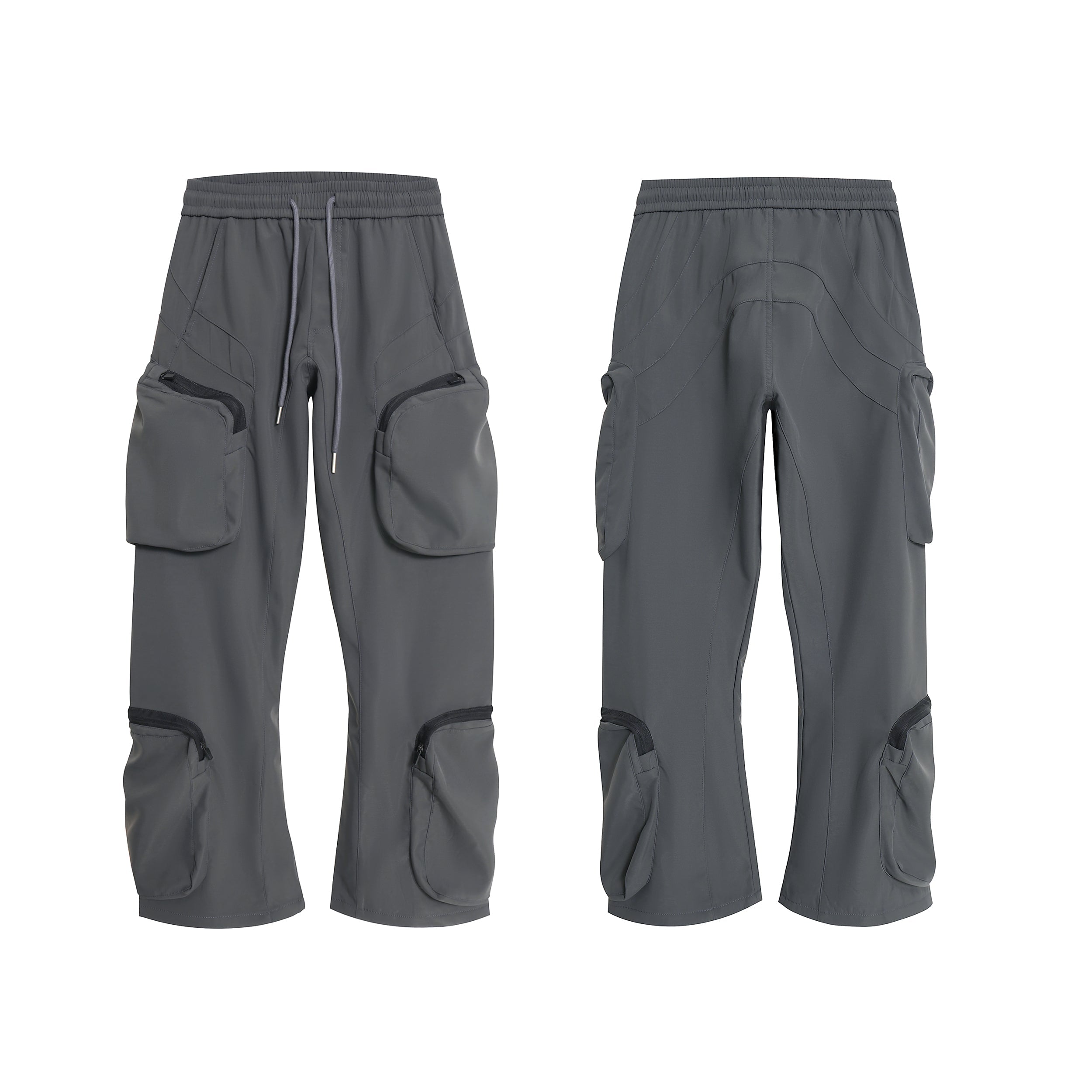 Grey tech cargo pants with oversized 3D zip pockets, curved seam panels, and elastic drawstring waist, front and back view
