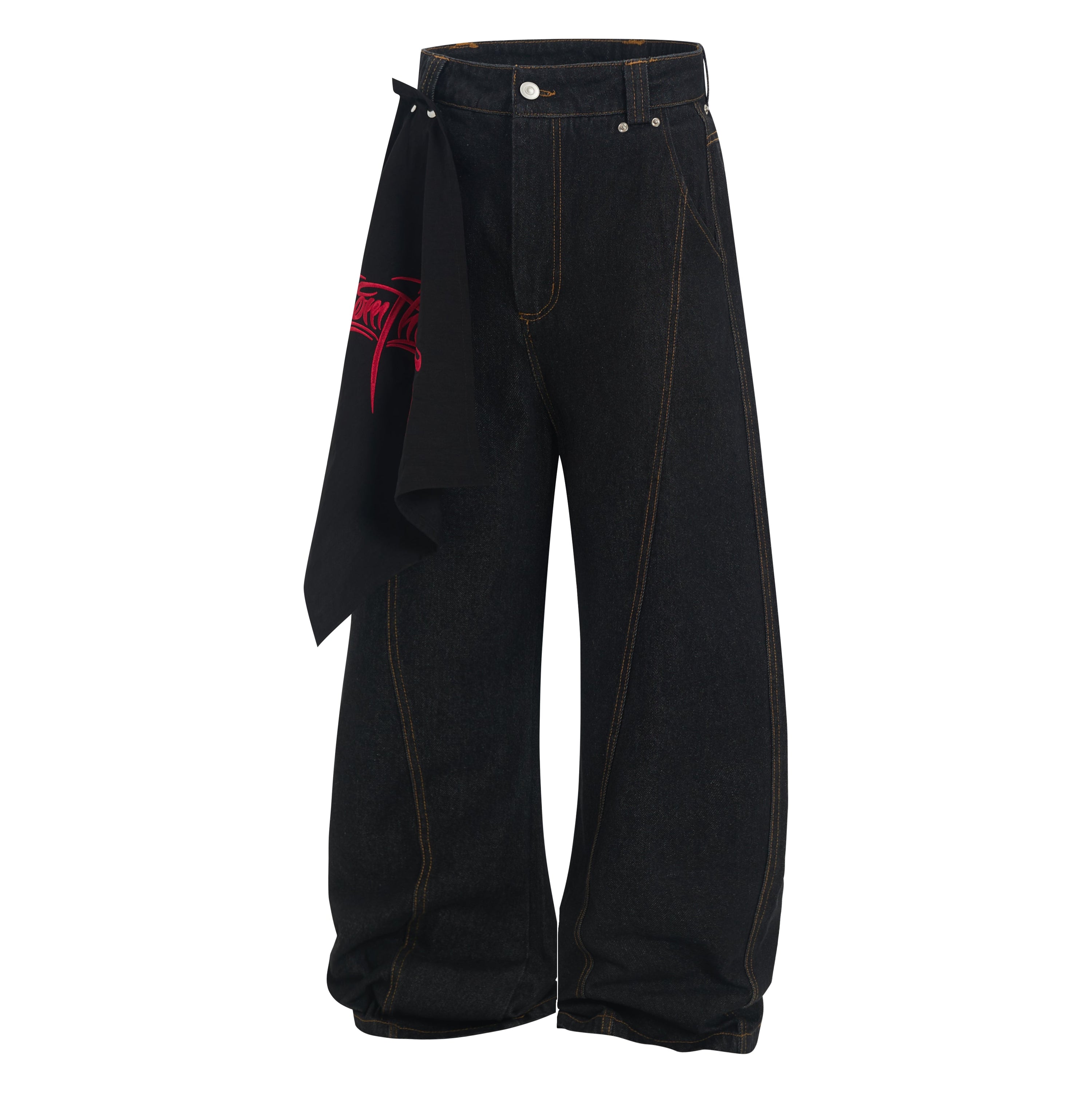 Wide-Leg Jeans with Red Embroidery & Side Drape | SEAKOFF