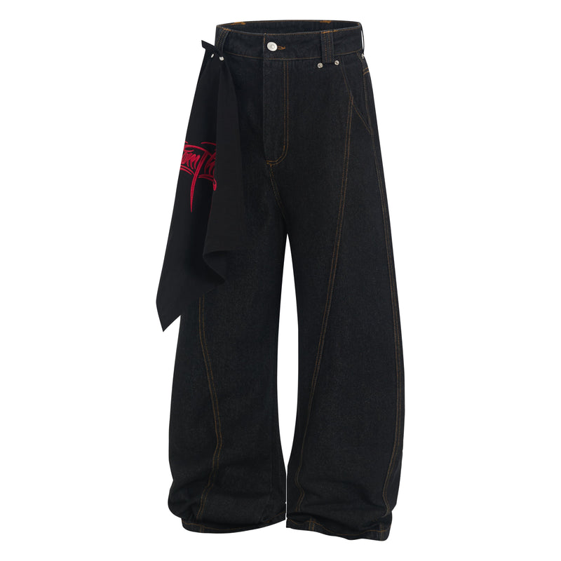 Wide-Leg Jeans with Red Embroidery & Side Drape | SEAKOFF