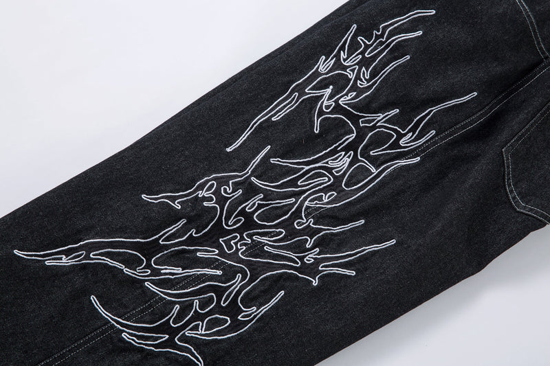 Tribal Wide-Leg Black Denim Jeans | Streetwear Baggy Fit