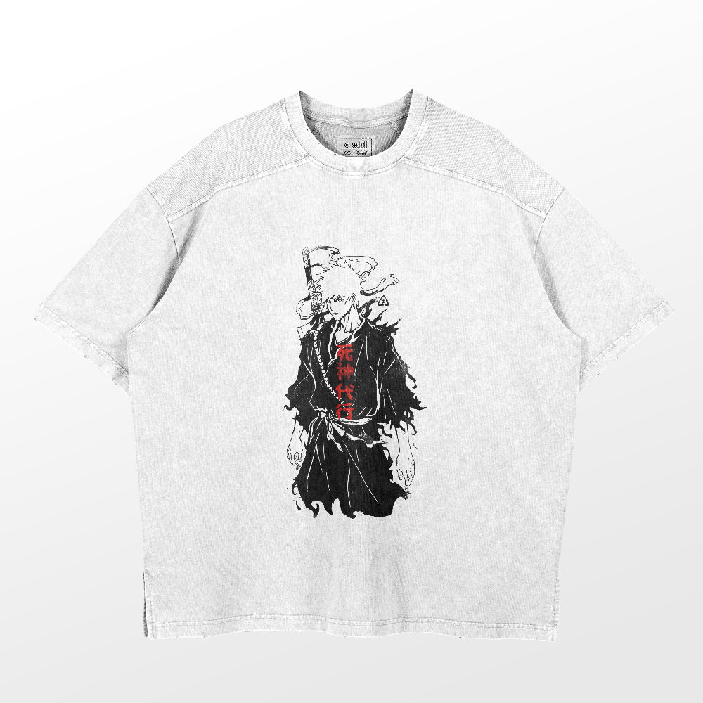 The Bleach Ichigo Kurosaki Soul Reaper Washed Vintage T-Shirt features a light gray design with a black and white illustration of Ichigo, sword on his back, enhanced by red Japanese text. This 260 GSM high-quality cotton tee offers a simple crew neck and short sleeves, perfect for anime streetwear enthusiasts.