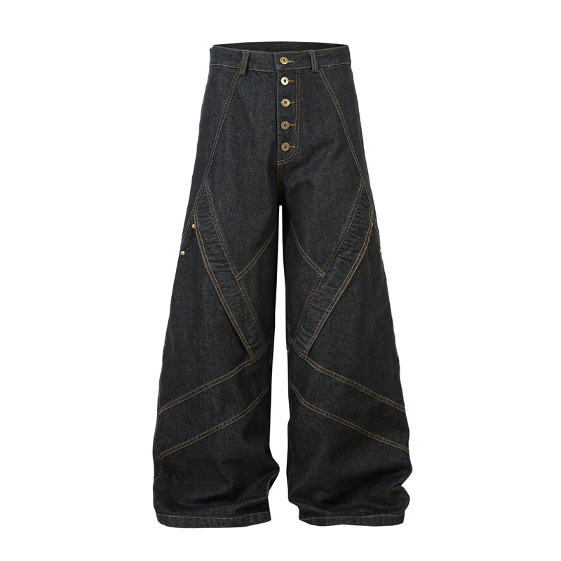 Multi-Panel Wide-Leg Denim Pants with Contrast Stitching