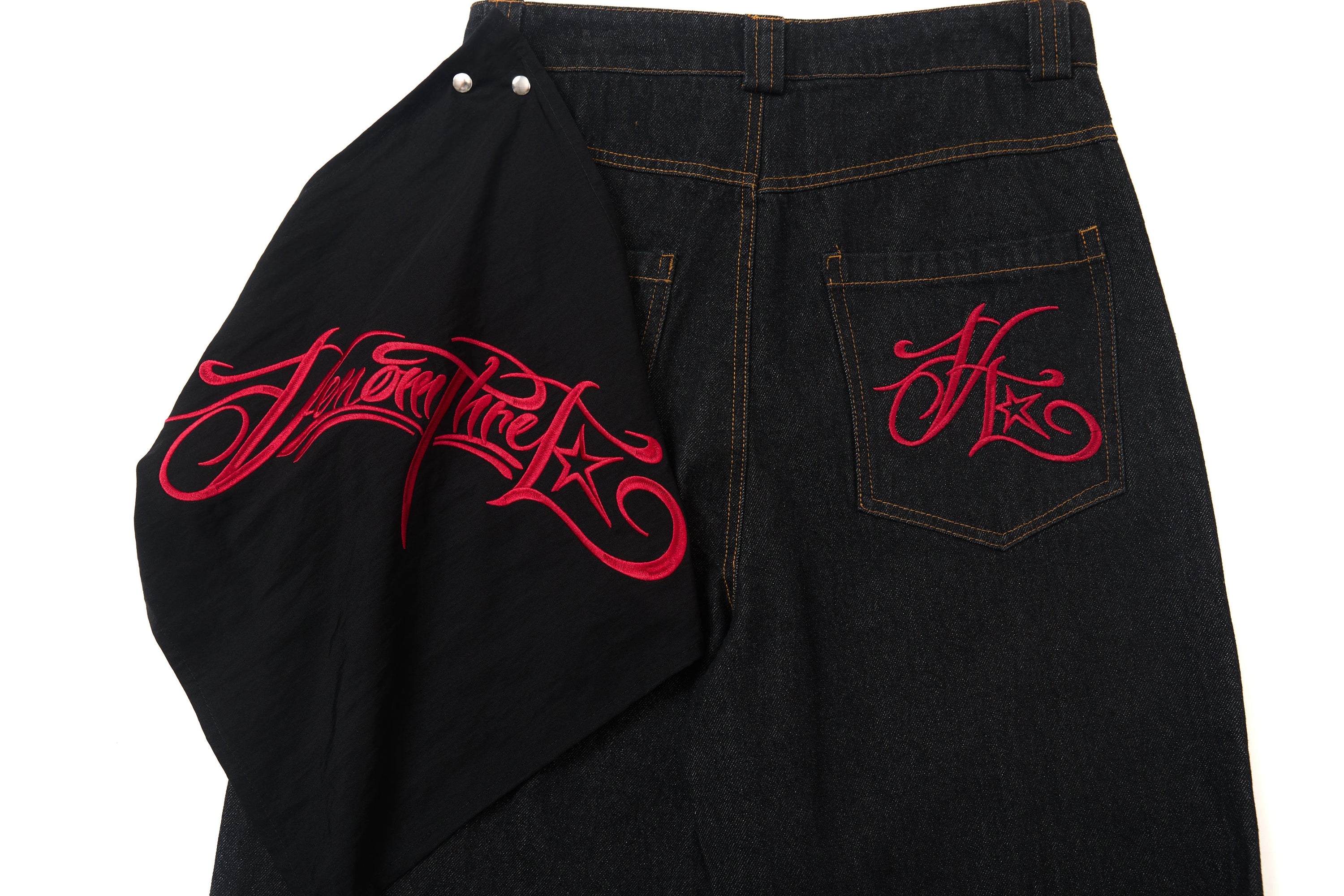 Wide-Leg Jeans with Red Embroidery & Side Drape | SEAKOFF