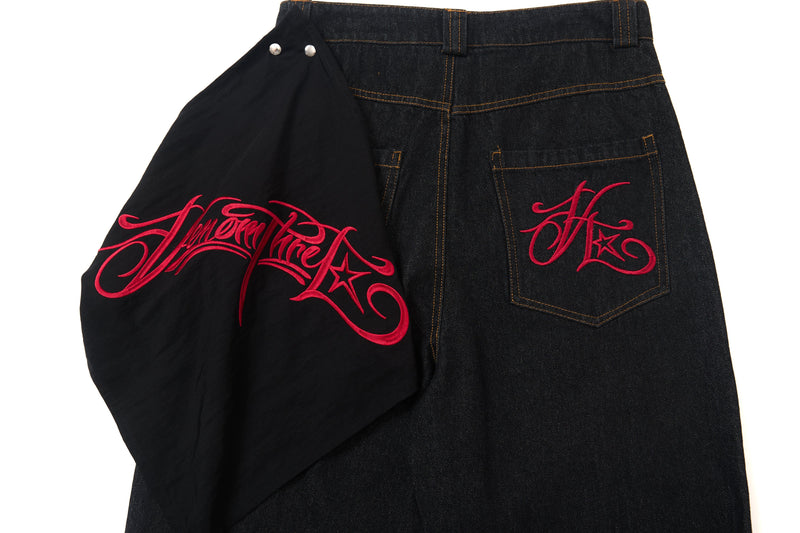 Wide-Leg Jeans with Red Embroidery & Side Drape | SEAKOFF