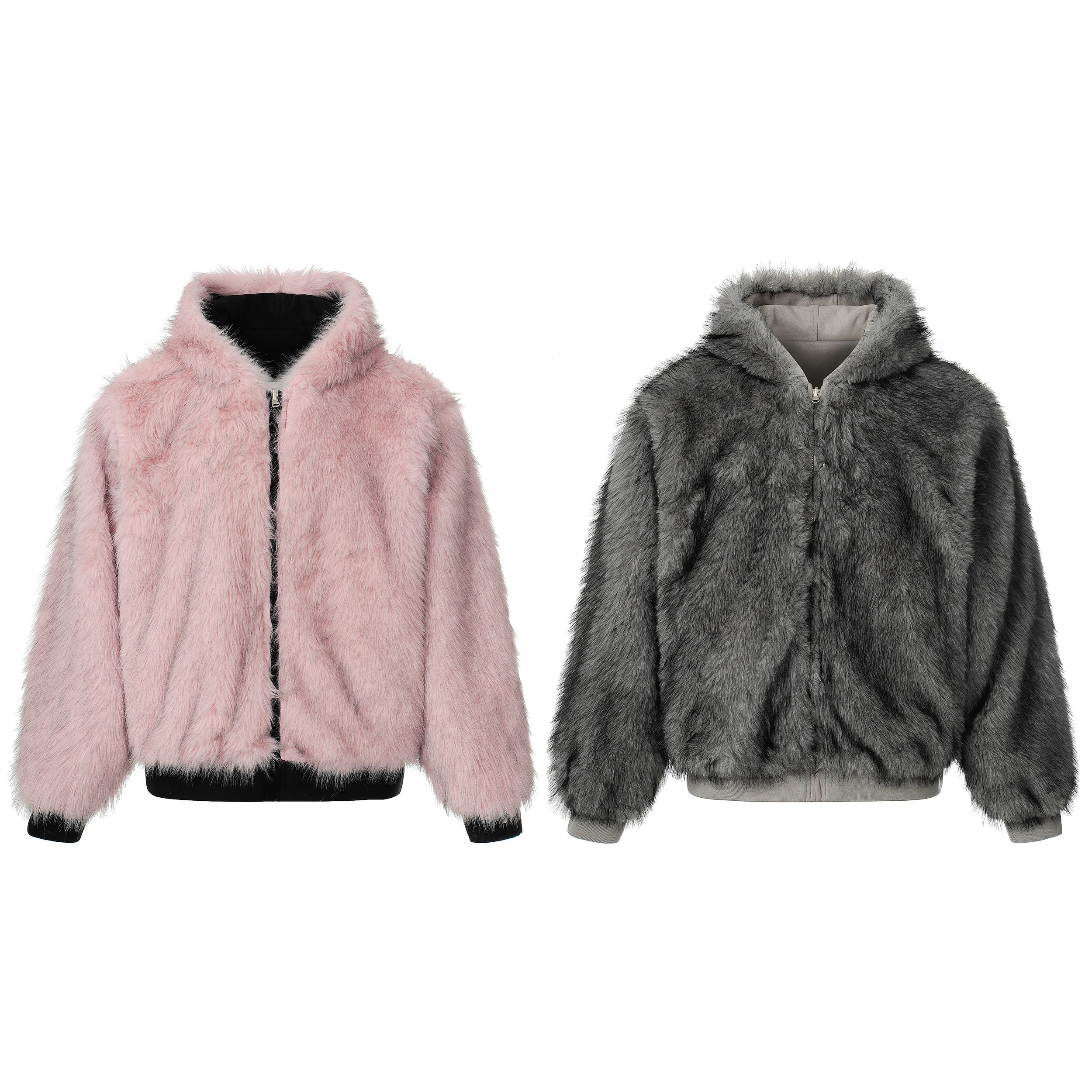 Pink and grey reversible faux fur hooded bomber jackets shown side by side on white background