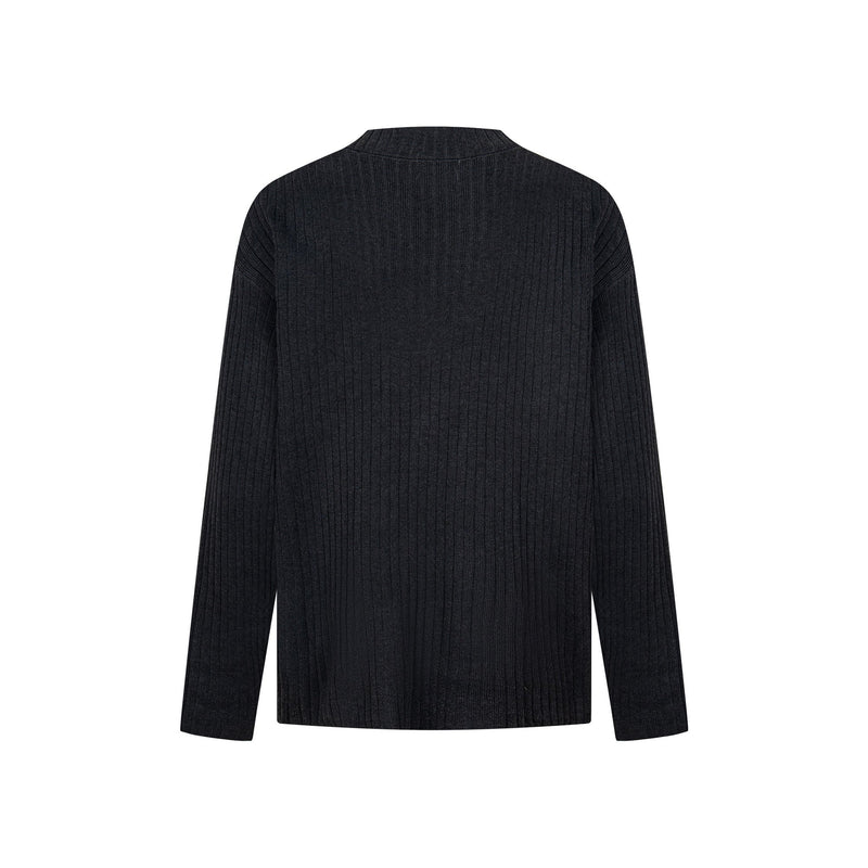 Black ribbed knit sweater, back view with plain solid finish