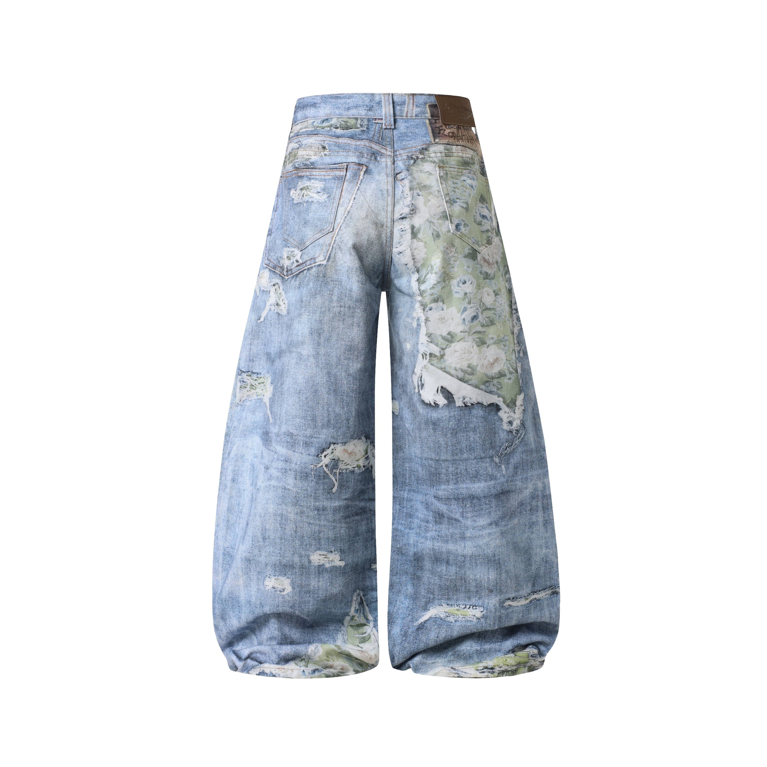 Floral Patchwork Distressed Wide-Leg Jeans | Omirad