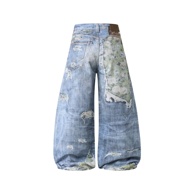 Back view of floral patchwork distressed wide-leg jeans with back pockets
