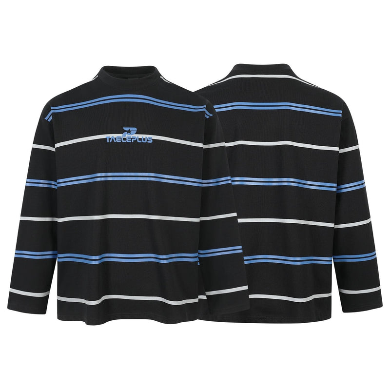 Black striped mock neck long sleeve tee shown front and back
