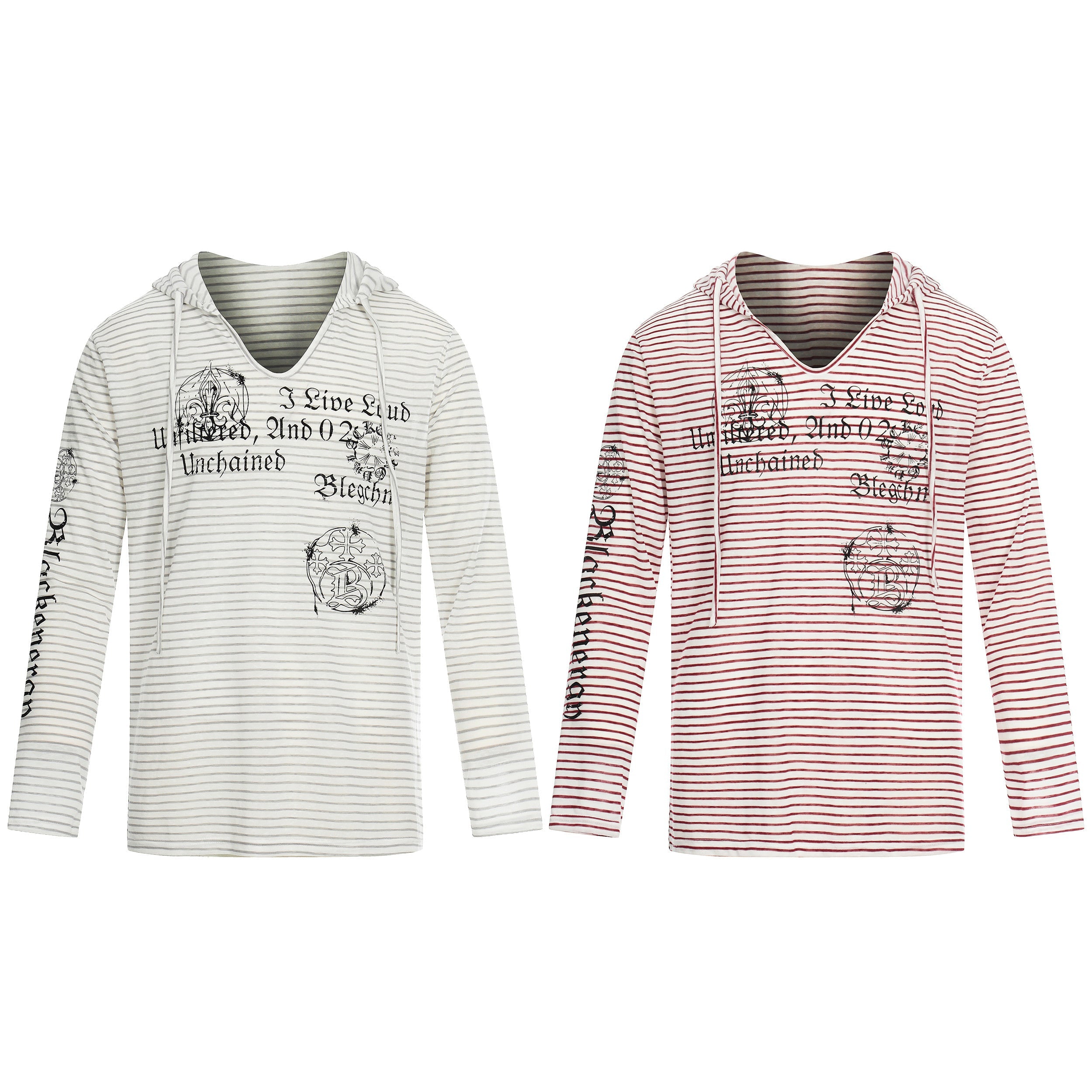 White grey striped hooded long sleeve tee with Gothic script and crest graphic prints on chest and sleeve