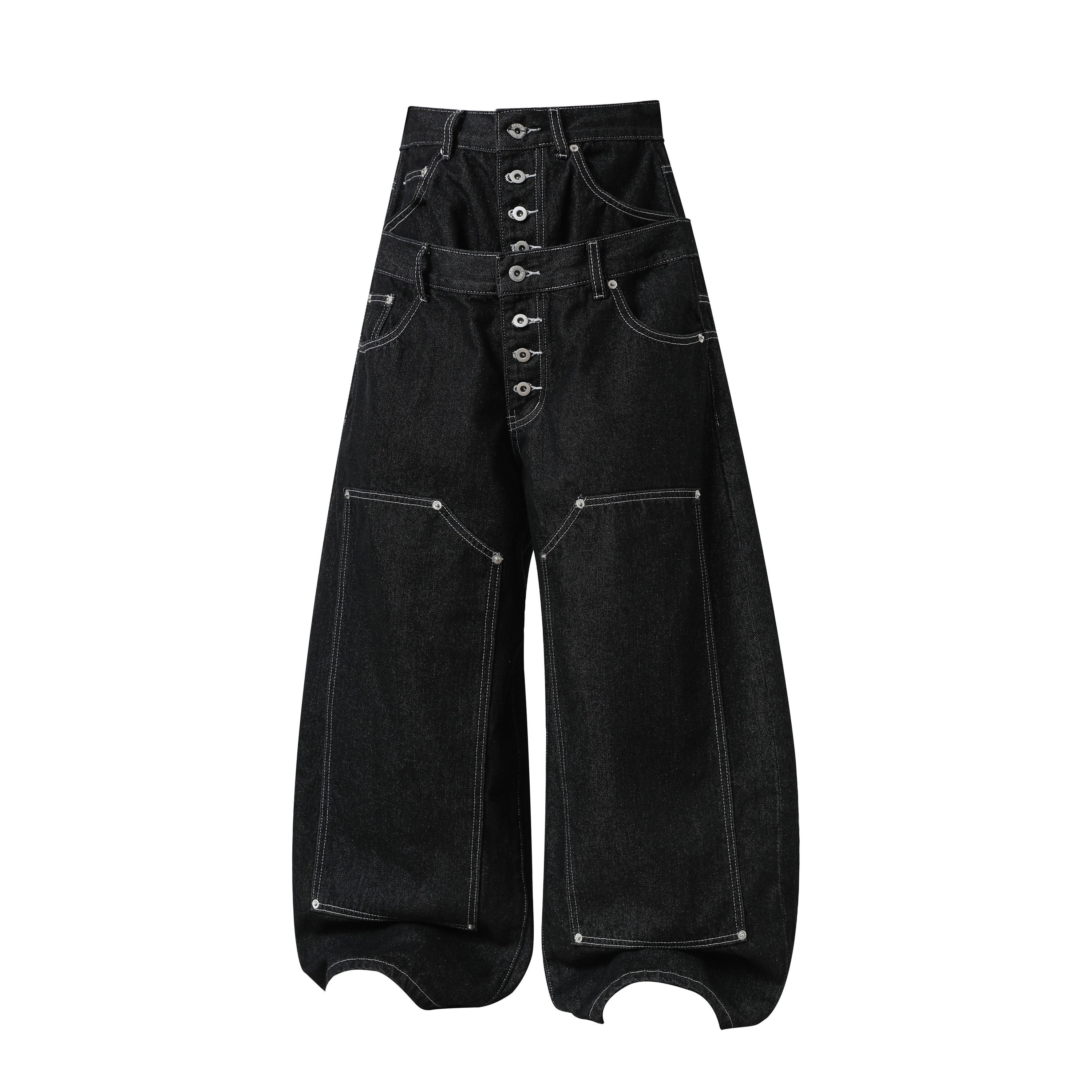 Omirad Double-Waist Wide-Leg Utility Denim Pants | Black