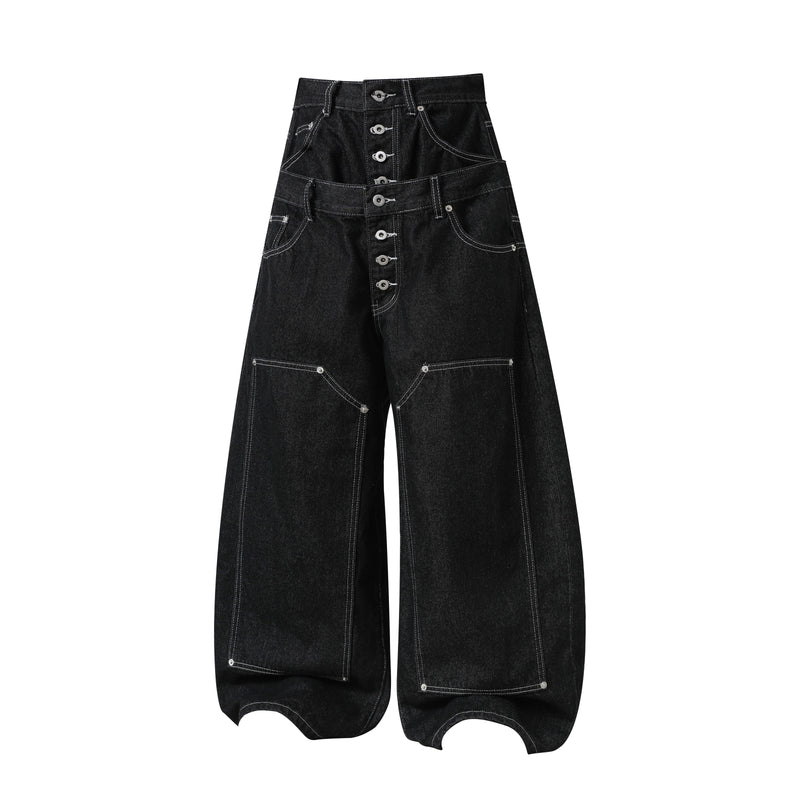 Front view of black wide-leg denim pants with double waist and button fly