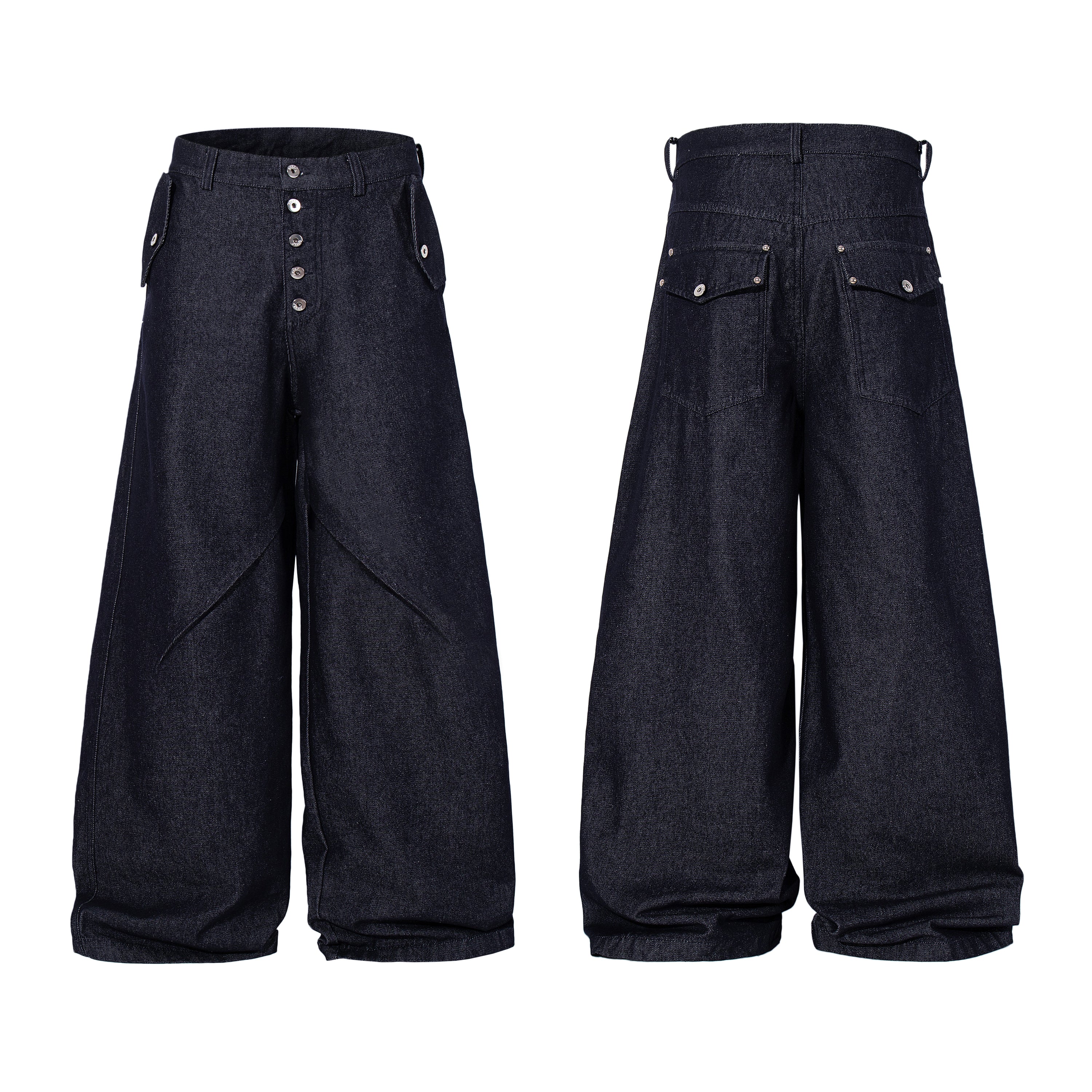 Front and back view of dark indigo wide-leg denim pants with diagonal panel seaming and button fly closure