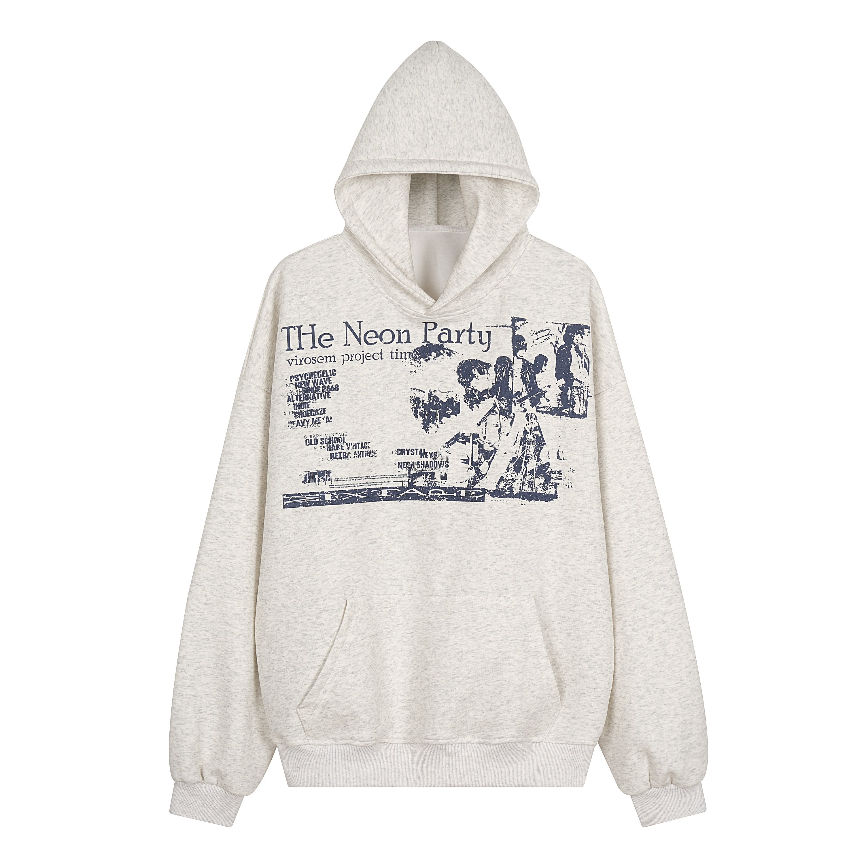 Oatmeal marl oversized pullover hoodie with distressed Neon Party vintage graphic print on chest, front view