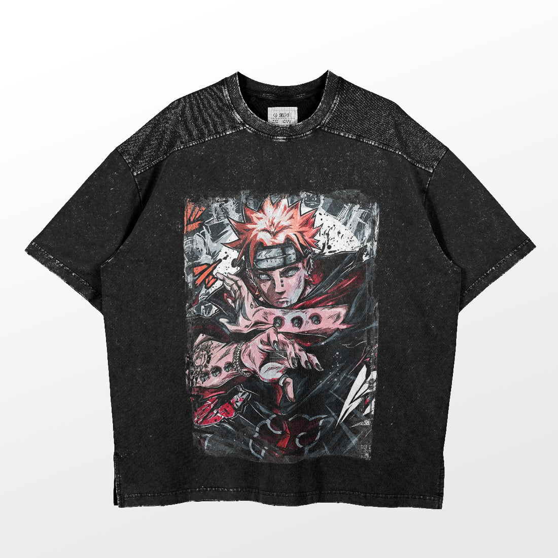 The Naruto Pain Action Pose T-Shirt by Naruto features a bold design with an anime character in a headband and cloak, displaying a striking graphic of spiky orange hair and an extended hand amid dynamic lines on black fabric, creating standout anime apparel.