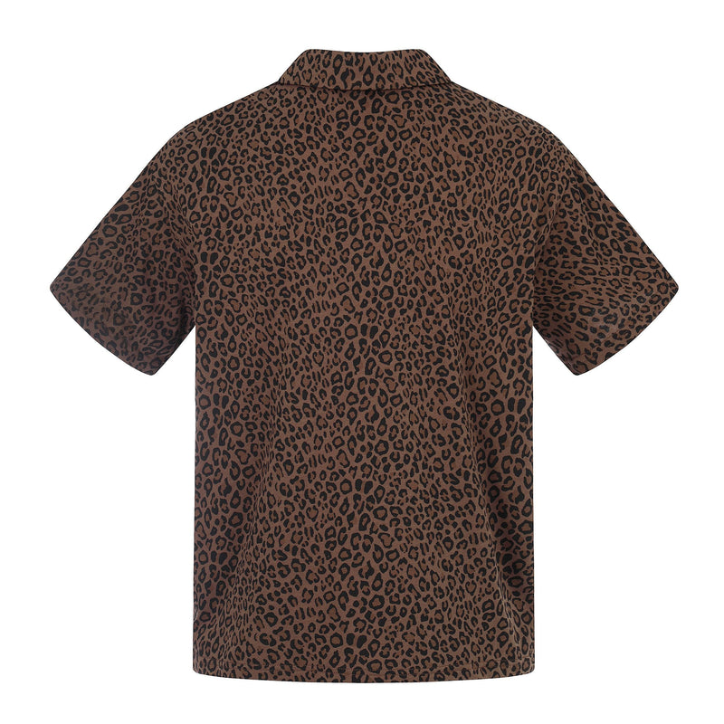 Brown leopard print short sleeve polo tee with a collar, shown from the back on a white background