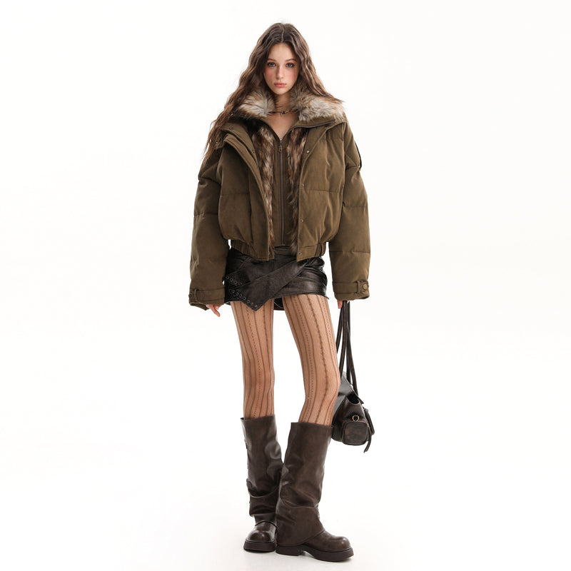 Detachable Faux Fur Collar PU Puffer Jacket | Cropped