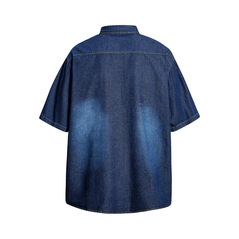Dark blue short-sleeve denim button-up shirt with a relaxed fit and faded wash on a white background