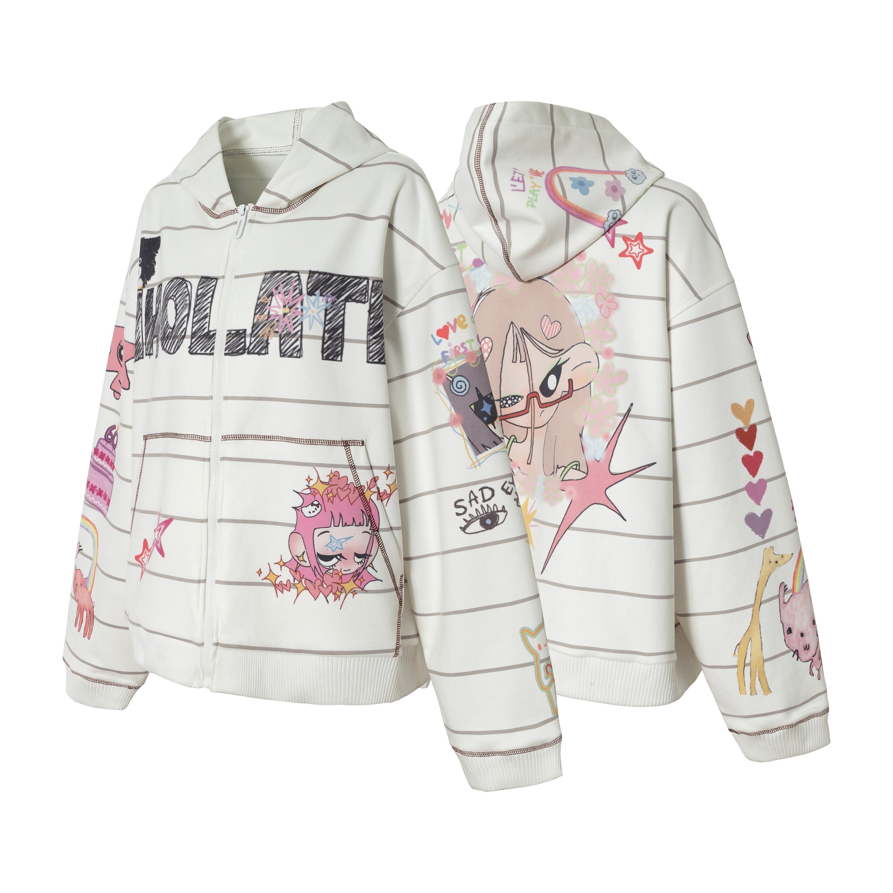 All-Over Hand-Drawn Graphic Zip-Up Hoodie | Streetwear