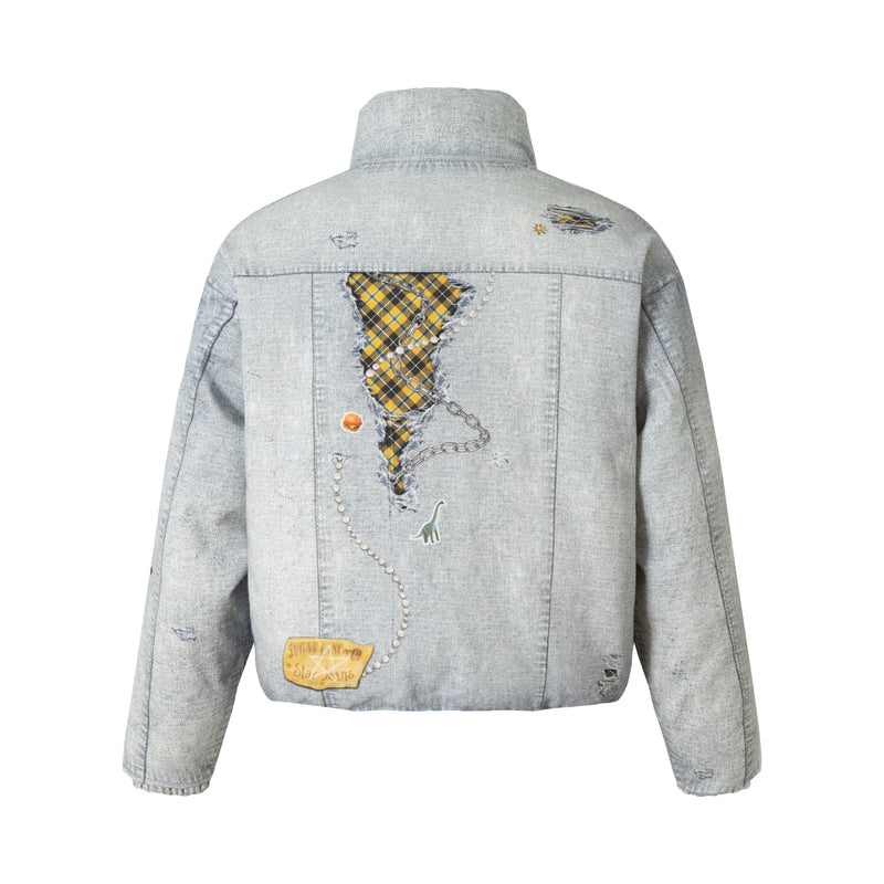 Omirad Patchwork Distressed Denim Puffer Jacket