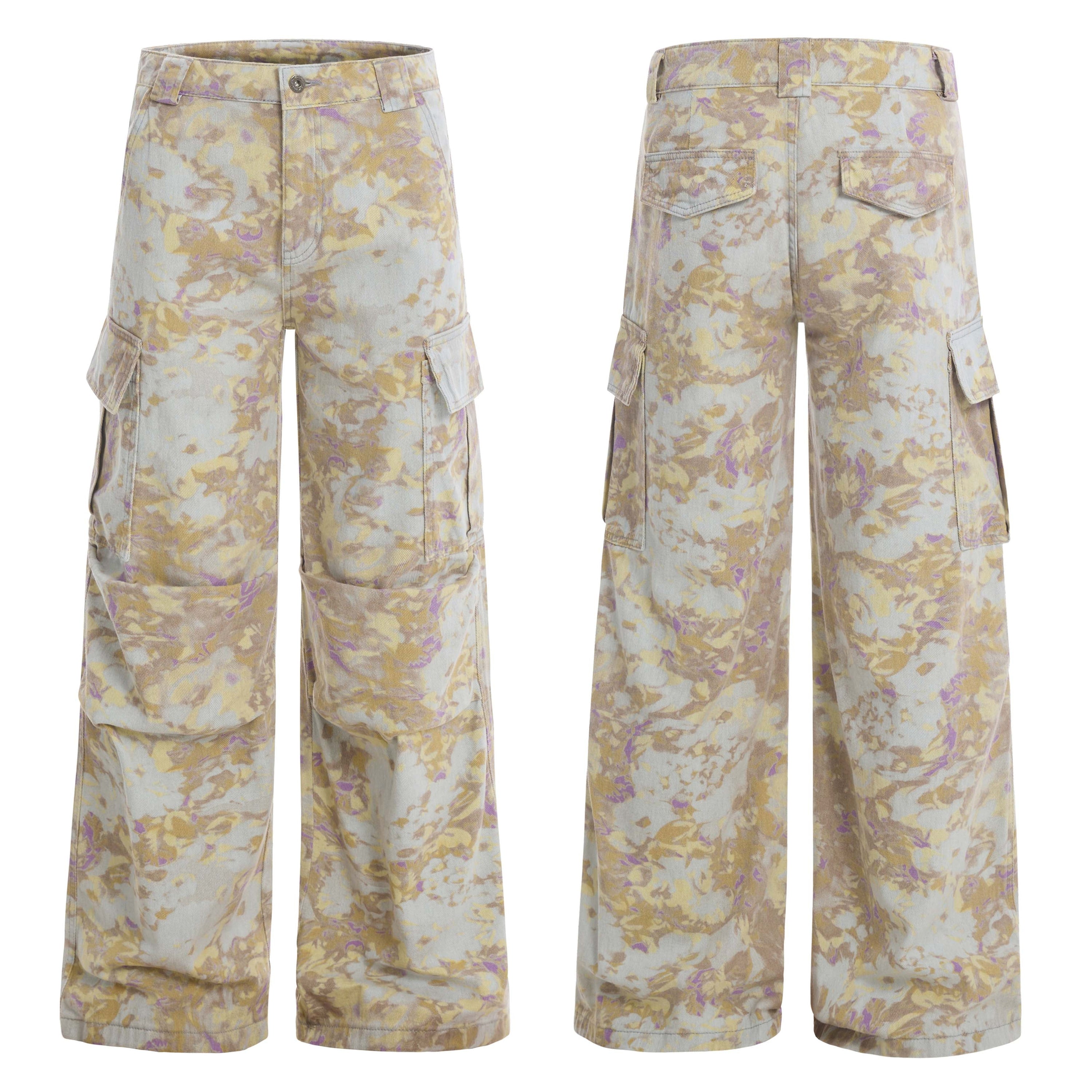 Front and back view of wide-leg abstract camouflage cargo pants in beige, gold, and lavender tones