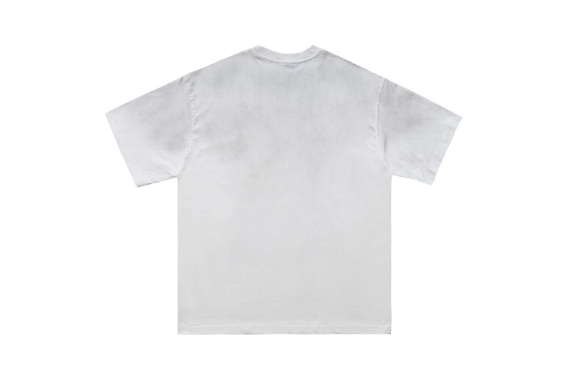 Back view of a white oversized graphic T-shirt with short sleeves and a relaxed streetwear fit
