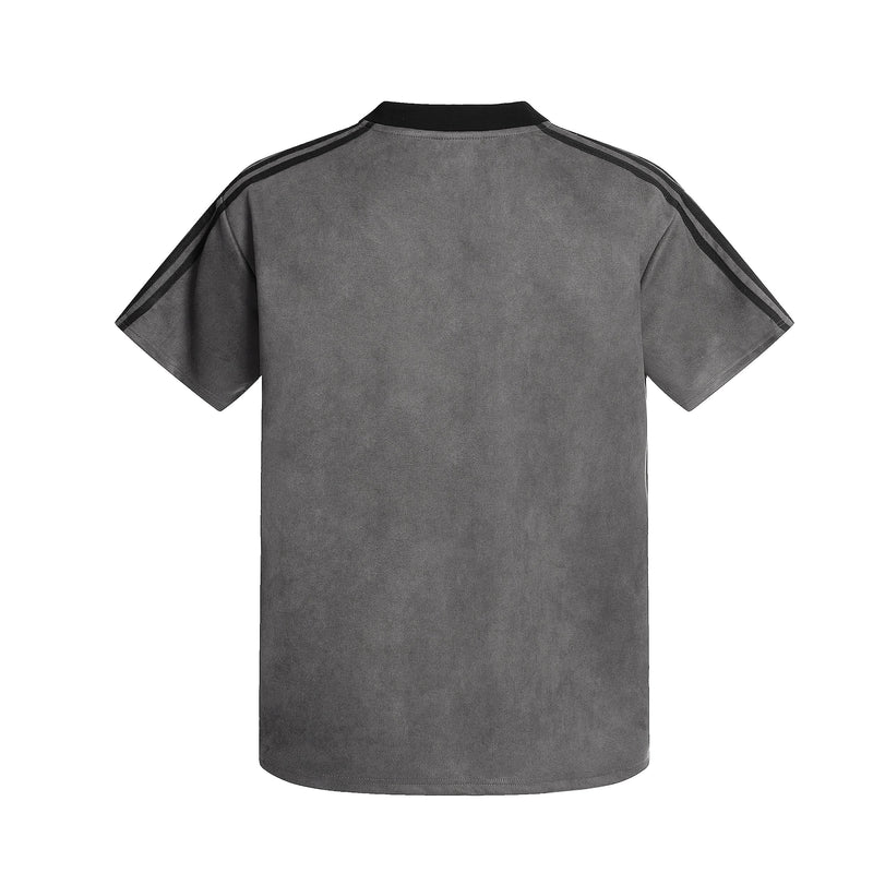 Gray mesh varsity jersey tee with black collar and sleeve stripes, shown from the back on a white background