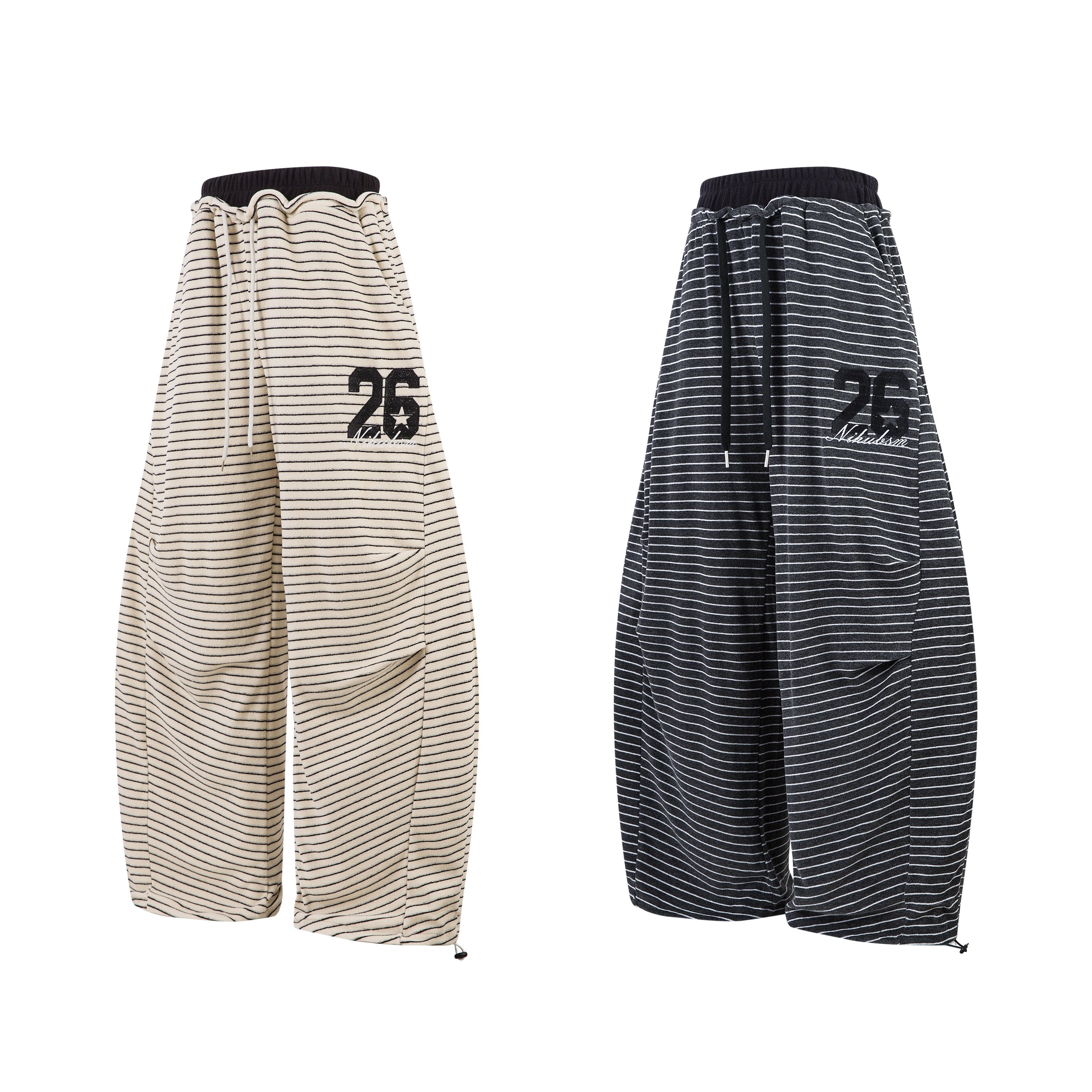 Striped Knit Barrel-Leg Lounge Pants with Drawstring Hem