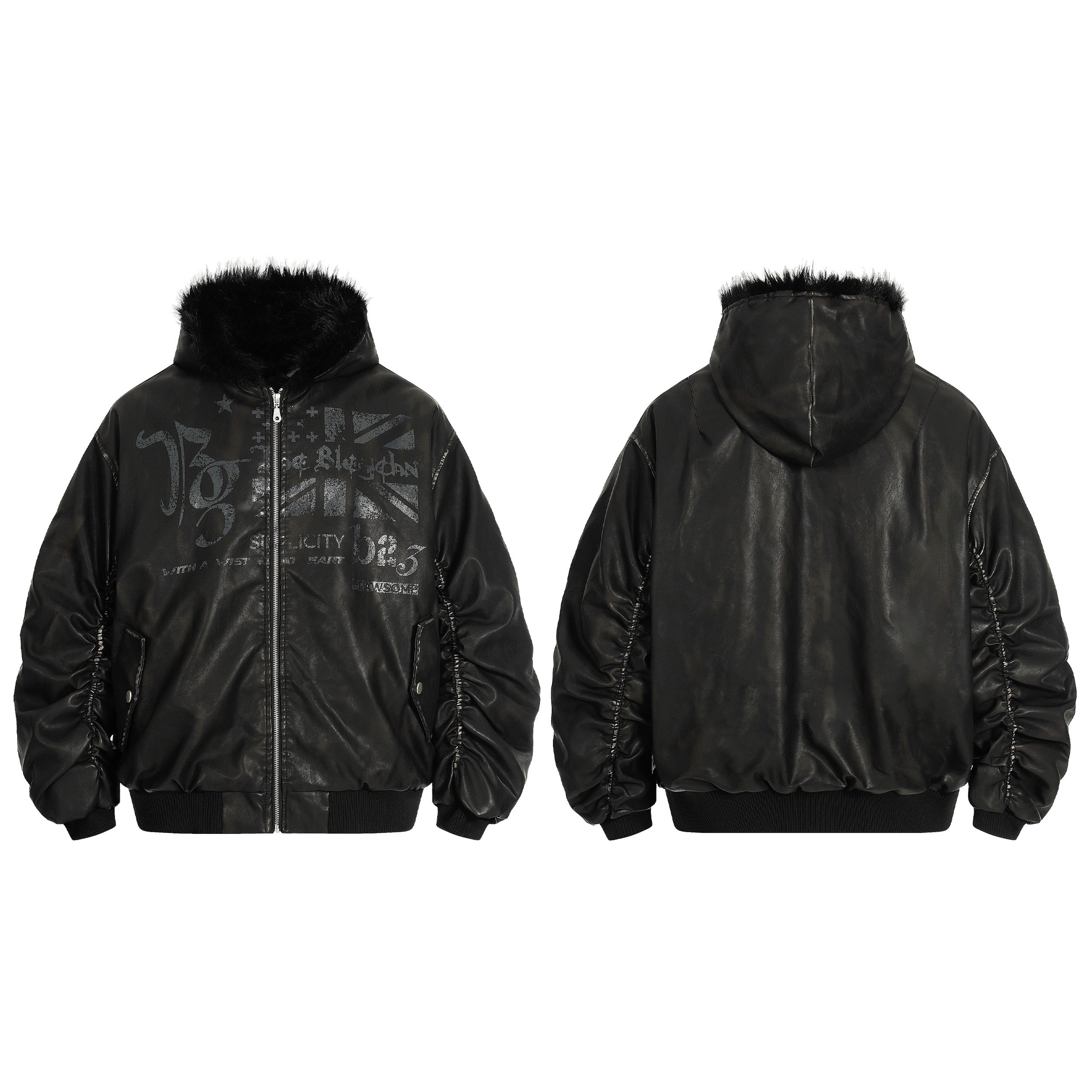 Black distressed PU leather hoodie bomber jacket with tonal Union Jack graphic print and faux-fur lined hood, front and back