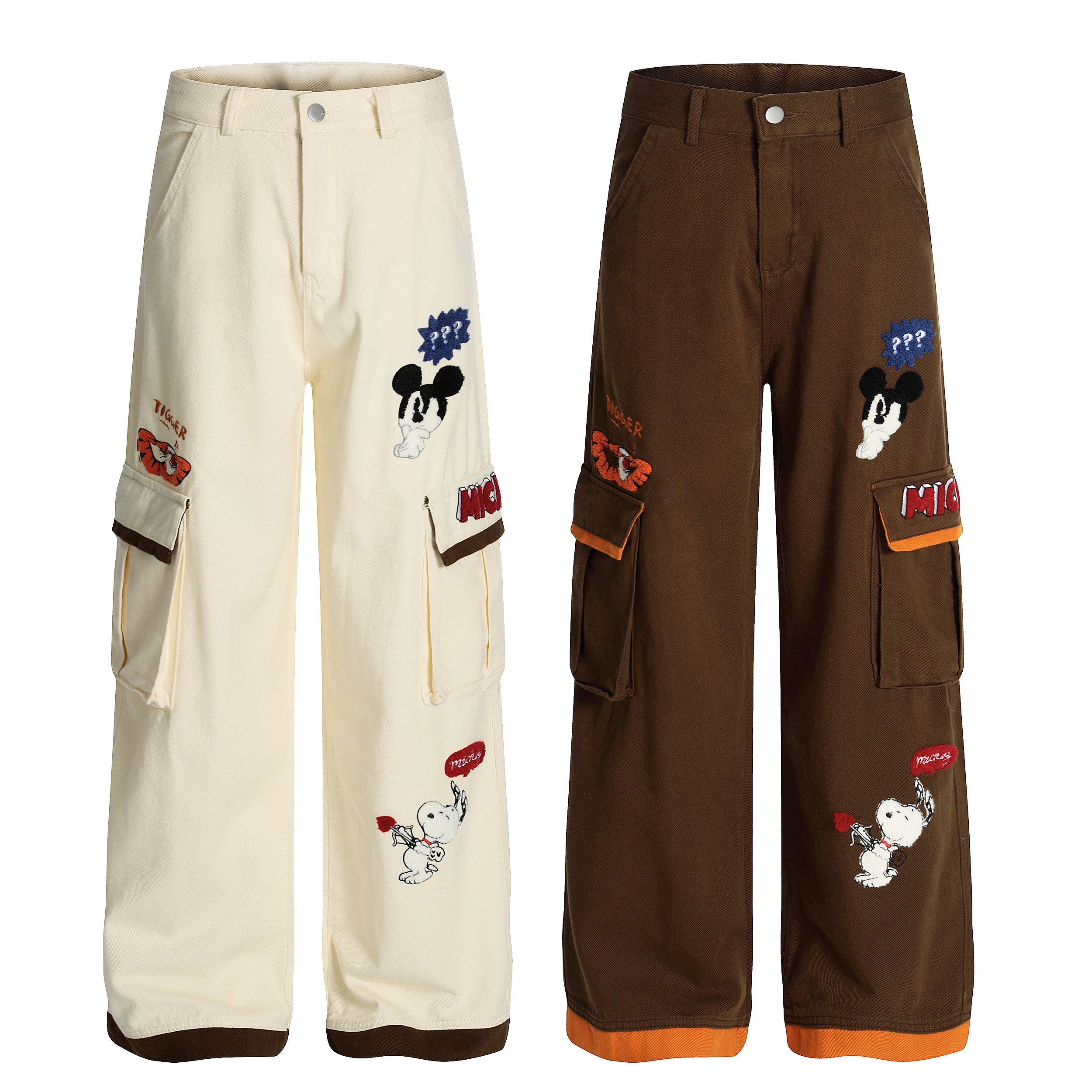 Off-white and brown wide-leg cargo pants with embroidered cartoon character patches and contrast trim pockets