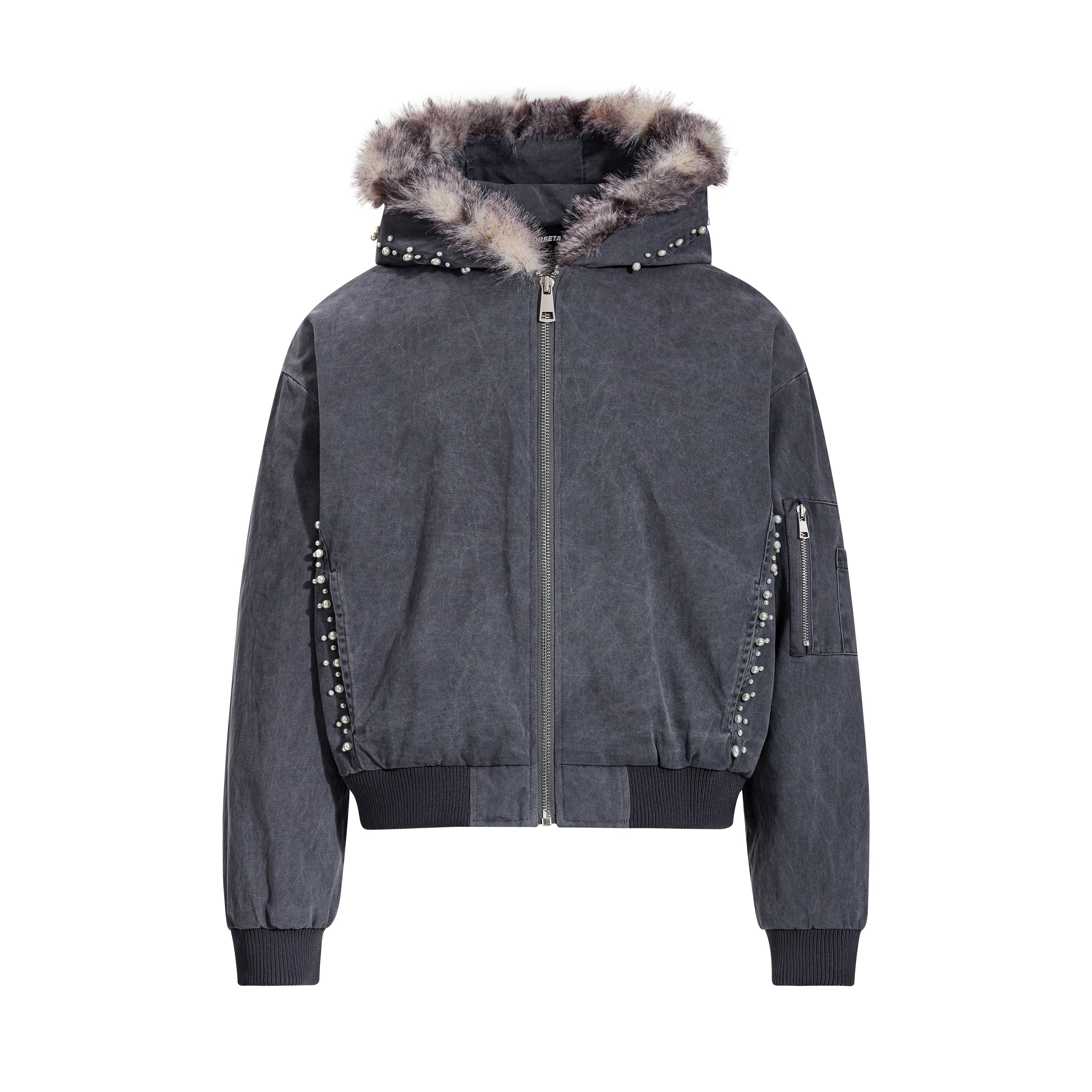 Studded Faux Fur-Trim Hooded Bomber Jacket | Washed Cotton