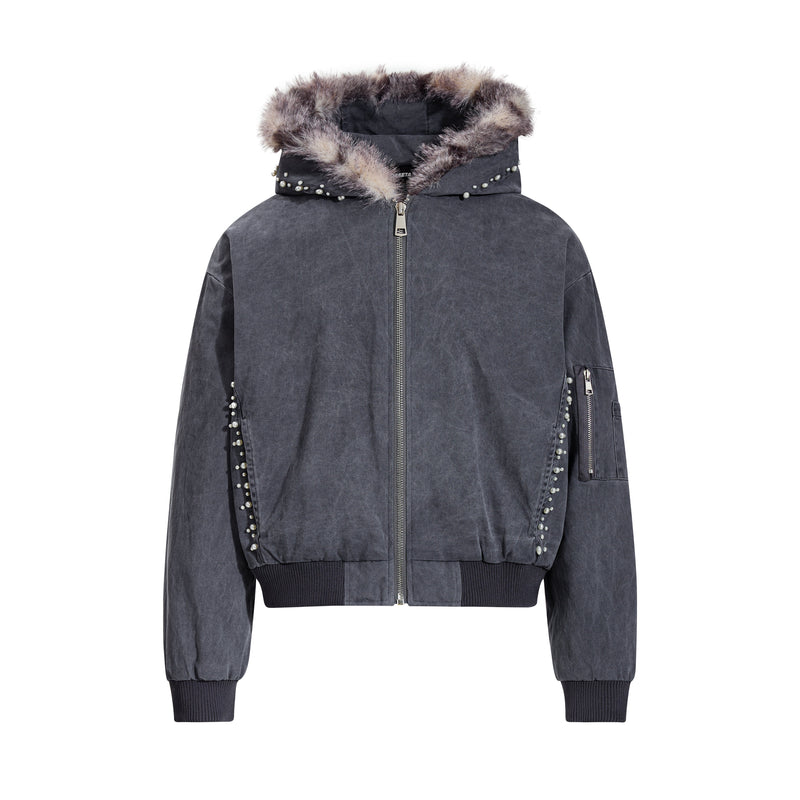Studded Faux Fur-Trim Hooded Bomber Jacket | Washed Cotton