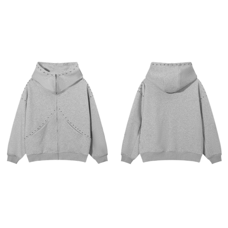 Gray zip hoodie front and back views with studded hood and shoulder details