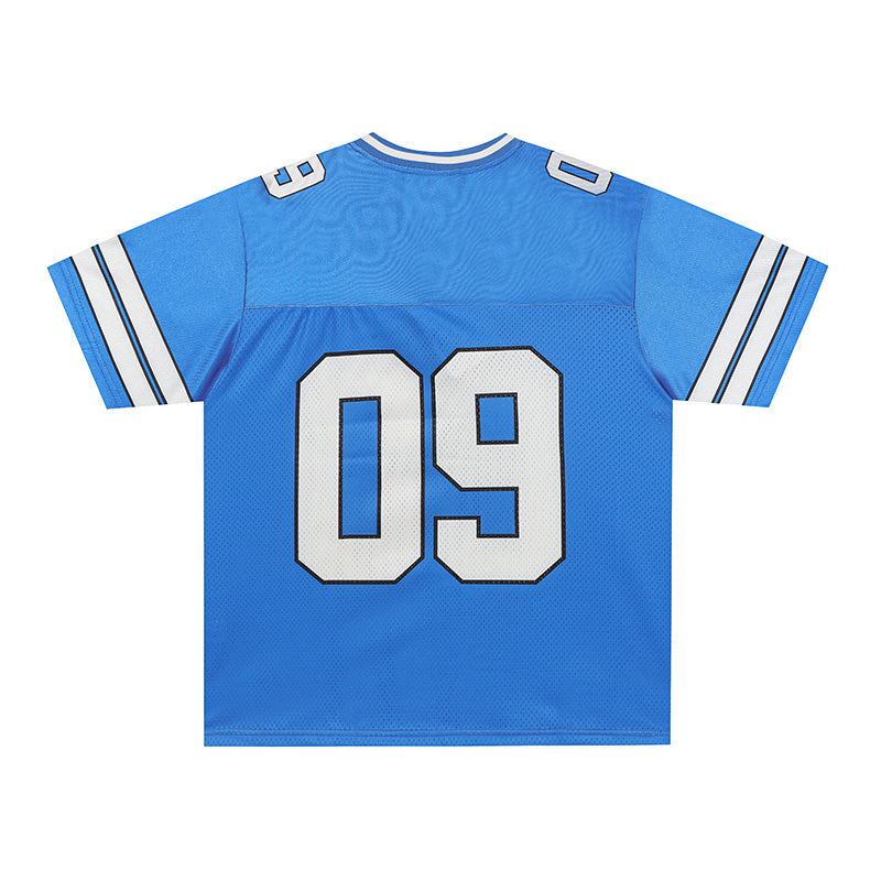 Blue varsity football jersey with white striped sleeves and large number 09 on the front, inspired by Tom and Jerry streetwear