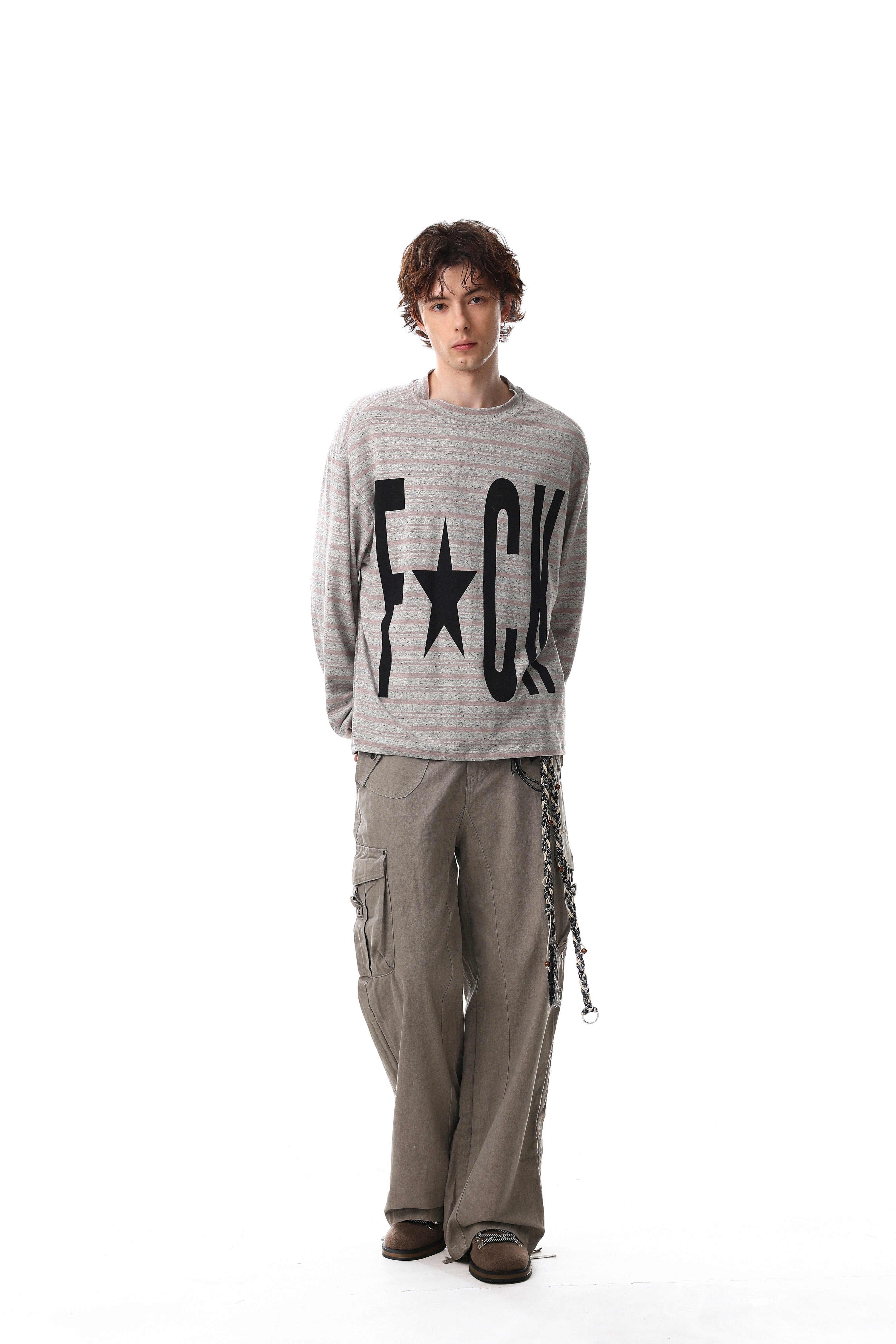 Men's F*CK Graphic Striped Long Sleeve Crewneck Tee