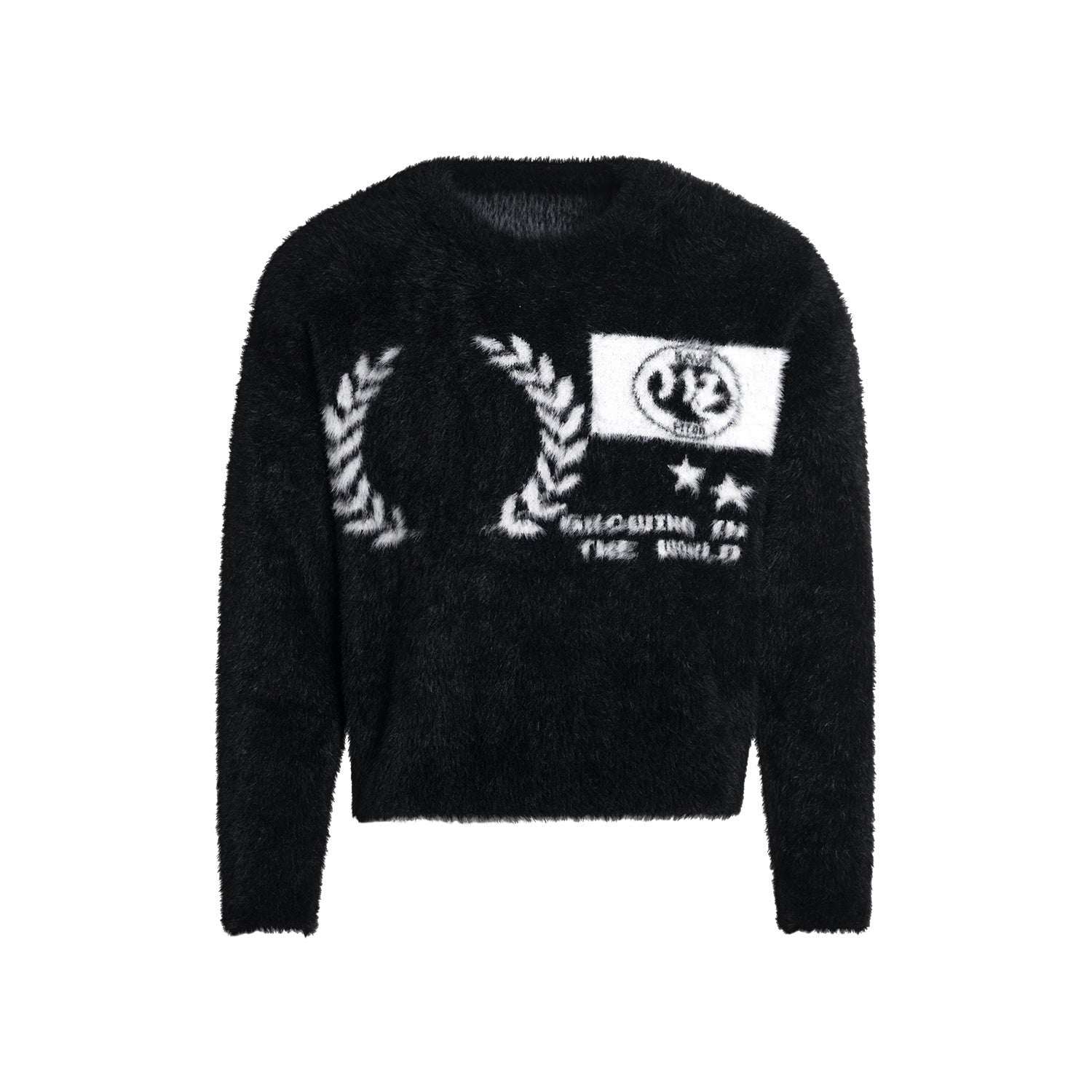 Omirad Fluffy Crest Knit Sweater | Black Graphic Fuzzy Pullover