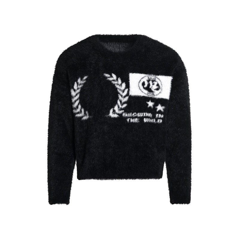 Black fuzzy pullover sweater with white crest-style graphic on the front