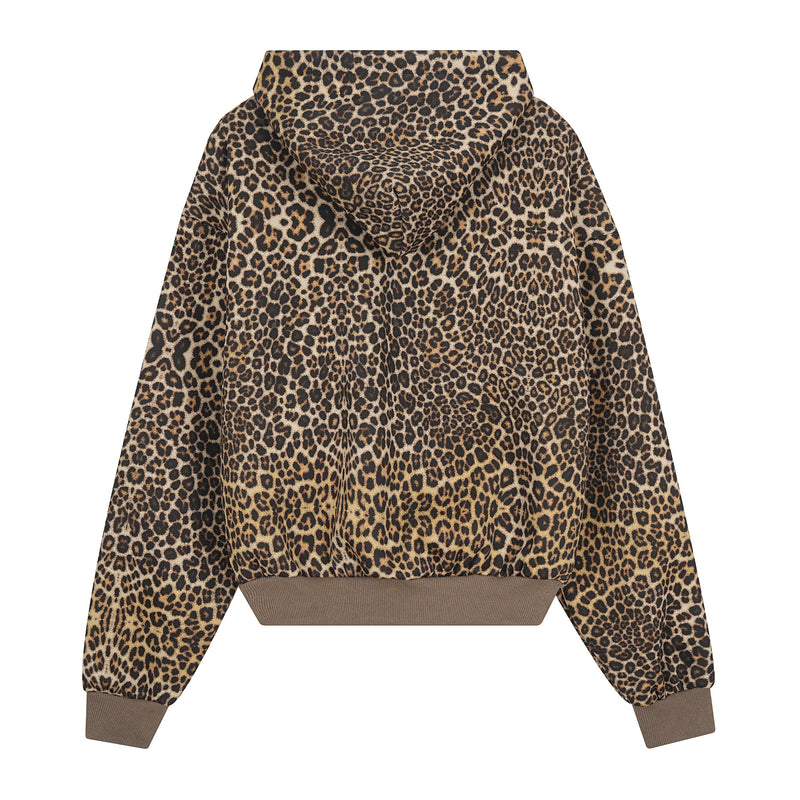 Leopard print zip-up hoodie front view with brown ribbed cuffs and hem