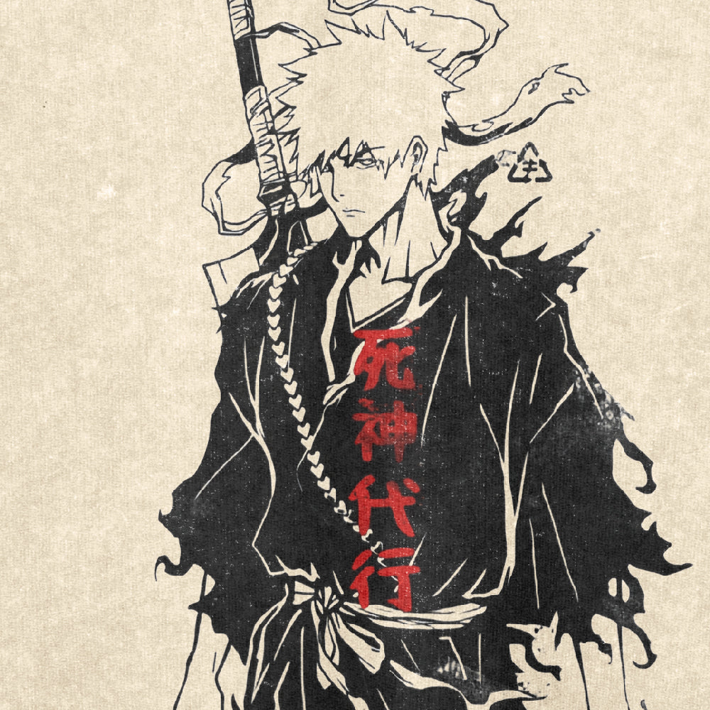 A stylized black-and-white illustration of a solemn anime character resembling Ichigo Kurosaki from Bleach, with spiky hair in a Soul Reaper robe T-shirt, carrying a large sword. Red Japanese characters prominently enhance the Bleach Ichigo Kurosaki Soul Reaper Washed Vintage T-Shirt.