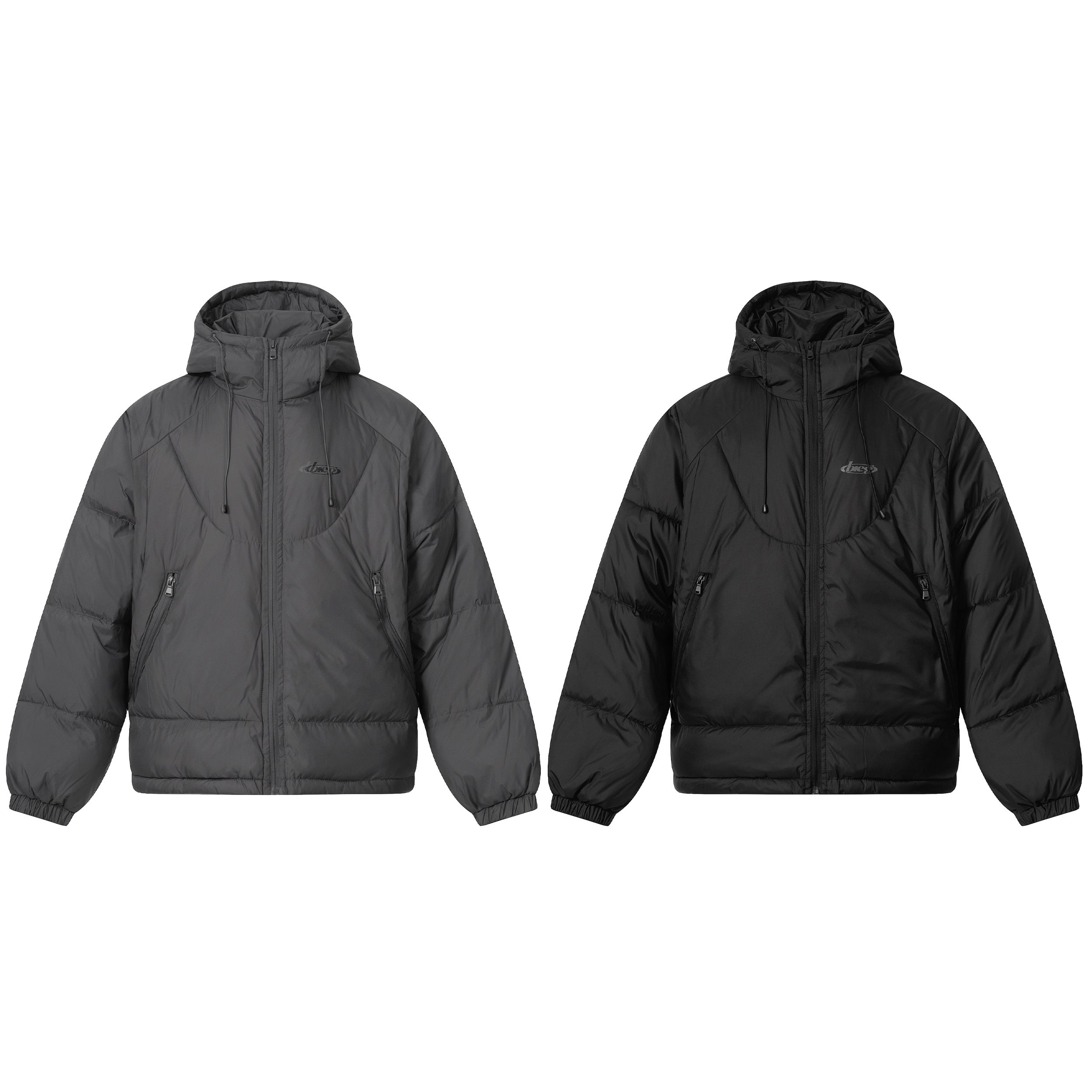 Omirad oversized hooded puffer jacket shown in charcoal grey and black colourways, front view on white background