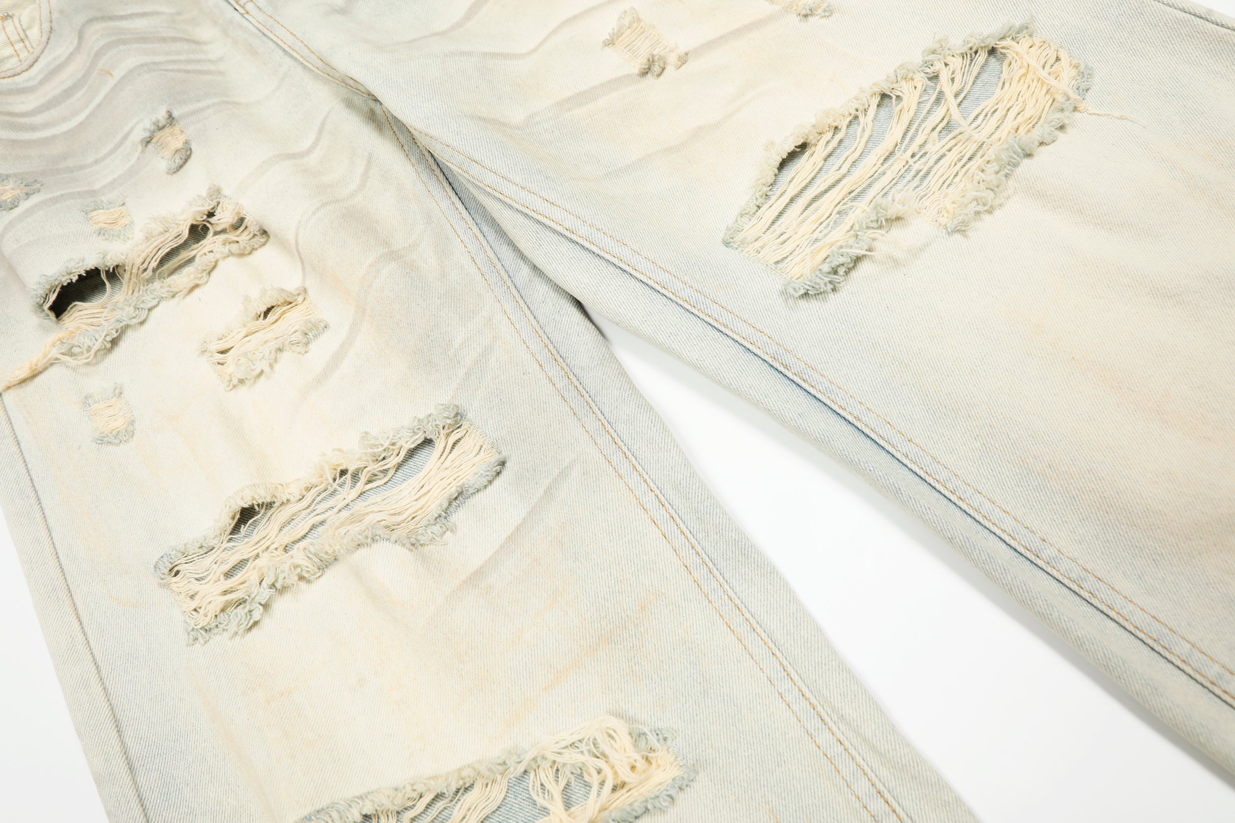 Omirad Cream Distressed Wide-Leg Jeans | Heavy Ripped Denim